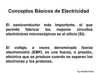 El semiconductor más importante, el que
permite fabricar los mejores circuitos
electrónicos microscópicos es el silicio (Si).
El voltaje, a veces denominado fuerza
electromotriz (EMF), es una fuerza, o presión,
eléctrica que se produce cuando se separan los
electrones y los protones.
Conceptos Básicos de Electricidad
Ing. Marbella Muñoz
 