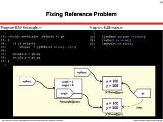 14



                                                           Fixing Reference Problem

Program 8.5B Rectangle.m                                                                               Program 8.5B main.m
  :                                                                                                      :
12: -(void) setOrigin: (XYPoint *) pt                                                                  23:    [[myRect origin] release];
13: {                                                                                                  24:    [myRect release];
14:    if (! origin)                                                                                   25:    [myPoint release];
15:        origin = [[XYPoint alloc] init];                                                              :
16:
17:    origin.x = pt.x;
18:    origin.y = pt.y;
19: }
  :

                                                                                             myPoint


                           myRect                                               width = 5                       x = 100
                                                                                height = 8                      y = 200
                                                                               origin                           XYPoint@yyyy              pt

                                                                              Rectangle@xxxx
                                                                                                                x = 100
                                                                                                                y = 200            copy

                                                                                                                XYPoint@zzzz

Atit Patumvan, Faculty of Management and Information Sciences, Naresuan University                                              Object-Oriented Programming Language
 