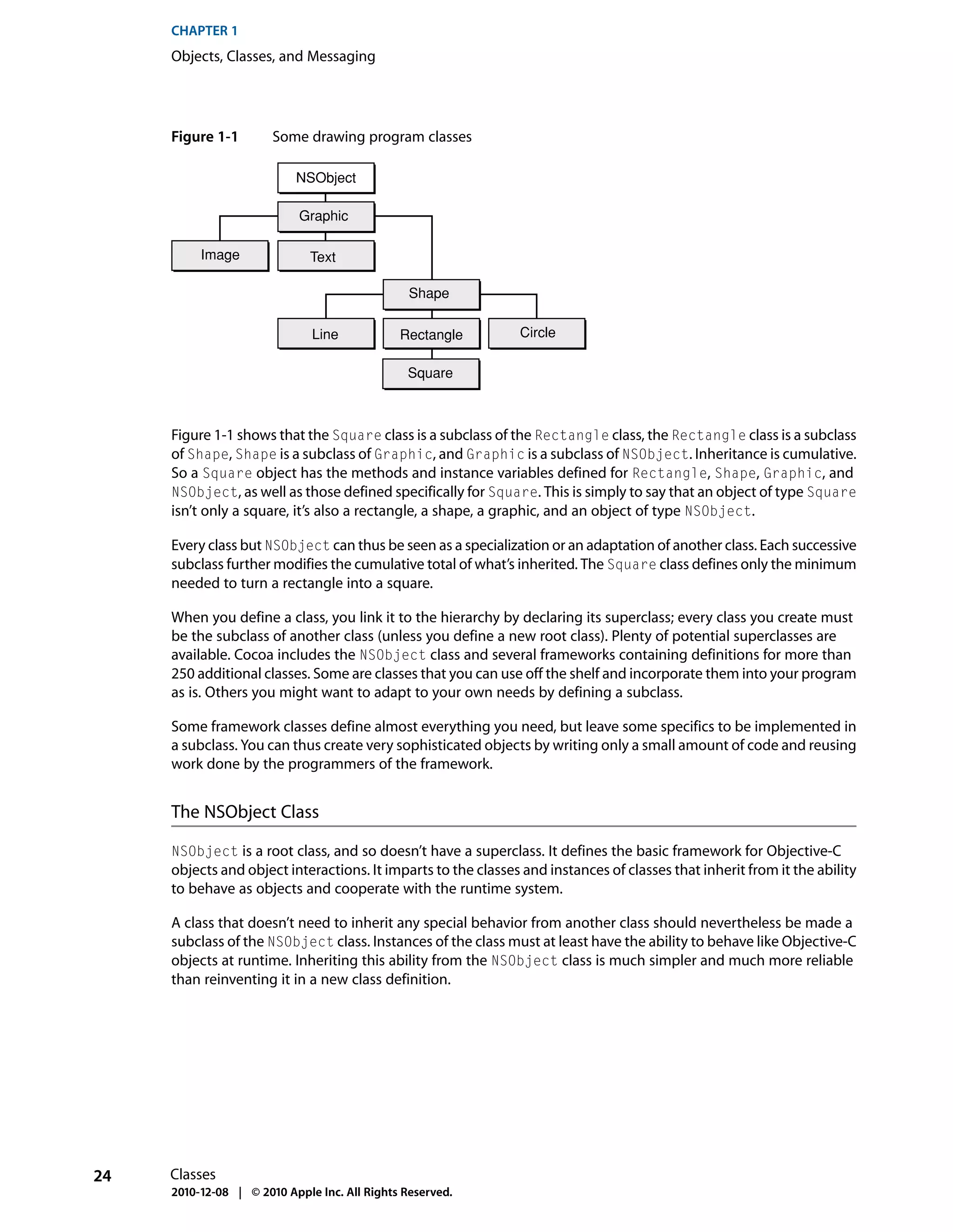 CHAPTER 1
     Objects, Classes, and Messaging




     Figure 1-1        Some drawing program classes

                           NSObject

                            Graphic

          Image               Text

                                                Shape

                              Line            Rectangle         Circle

                                               Square



     Figure 1-1 shows that the Square class is a subclass of the Rectangle class, the Rectangle class is a subclass
     of Shape, Shape is a subclass of Graphic, and Graphic is a subclass of NSObject. Inheritance is cumulative.
     So a Square object has the methods and instance variables defined for Rectangle, Shape, Graphic, and
     NSObject, as well as those defined specifically for Square. This is simply to say that an object of type Square
     isn’t only a square, it’s also a rectangle, a shape, a graphic, and an object of type NSObject.

     Every class but NSObject can thus be seen as a specialization or an adaptation of another class. Each successive
     subclass further modifies the cumulative total of what’s inherited. The Square class defines only the minimum
     needed to turn a rectangle into a square.

     When you define a class, you link it to the hierarchy by declaring its superclass; every class you create must
     be the subclass of another class (unless you define a new root class). Plenty of potential superclasses are
     available. Cocoa includes the NSObject class and several frameworks containing definitions for more than
     250 additional classes. Some are classes that you can use off the shelf and incorporate them into your program
     as is. Others you might want to adapt to your own needs by defining a subclass.

     Some framework classes define almost everything you need, but leave some specifics to be implemented in
     a subclass. You can thus create very sophisticated objects by writing only a small amount of code and reusing
     work done by the programmers of the framework.


     The NSObject Class

     NSObject is a root class, and so doesn’t have a superclass. It defines the basic framework for Objective-C
     objects and object interactions. It imparts to the classes and instances of classes that inherit from it the ability
     to behave as objects and cooperate with the runtime system.

     A class that doesn’t need to inherit any special behavior from another class should nevertheless be made a
     subclass of the NSObject class. Instances of the class must at least have the ability to behave like Objective-C
     objects at runtime. Inheriting this ability from the NSObject class is much simpler and much more reliable
     than reinventing it in a new class definition.




24   Classes
     2010-12-08 | © 2010 Apple Inc. All Rights Reserved.
 