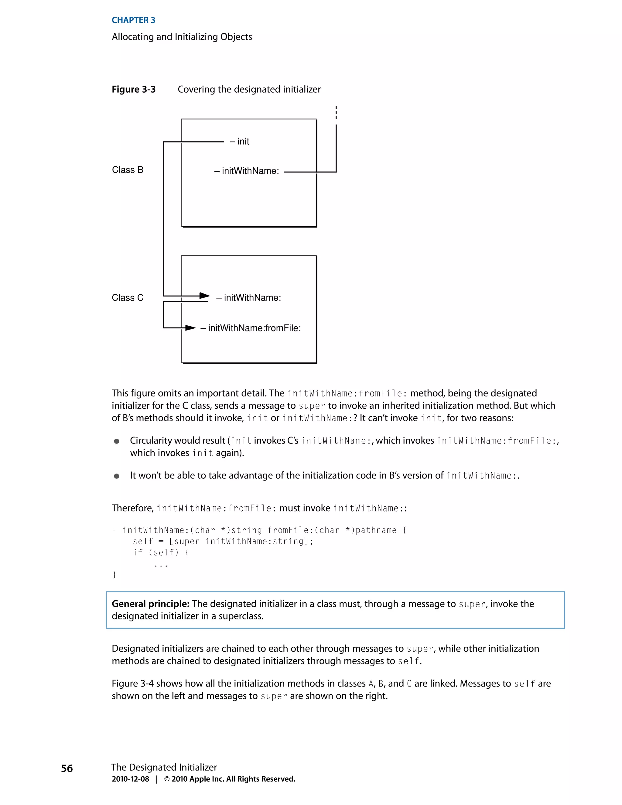 CHAPTER 3
     Allocating and Initializing Objects




     Figure 3-3        Covering the designated initializer




                                     – init


     Class B                     – initWithName:




     Class C                      – initWithName:


                             – initWithName:fromFile:




     This figure omits an important detail. The initWithName:fromFile: method, being the designated
     initializer for the C class, sends a message to super to invoke an inherited initialization method. But which
     of B’s methods should it invoke, init or initWithName:? It can’t invoke init, for two reasons:

     ●    Circularity would result (init invokes C’s initWithName:, which invokes initWithName:fromFile:,
          which invokes init again).

     ●    It won’t be able to take advantage of the initialization code in B’s version of initWithName:.


     Therefore, initWithName:fromFile: must invoke initWithName::

     - initWithName:(char *)string fromFile:(char *)pathname {
         self = [super initWithName:string];
         if (self) {
             ...
     }


     General principle: The designated initializer in a class must, through a message to super, invoke the
     designated initializer in a superclass.


     Designated initializers are chained to each other through messages to super, while other initialization
     methods are chained to designated initializers through messages to self.

     Figure 3-4 shows how all the initialization methods in classes A, B, and C are linked. Messages to self are
     shown on the left and messages to super are shown on the right.




56   The Designated Initializer
     2010-12-08 | © 2010 Apple Inc. All Rights Reserved.
 