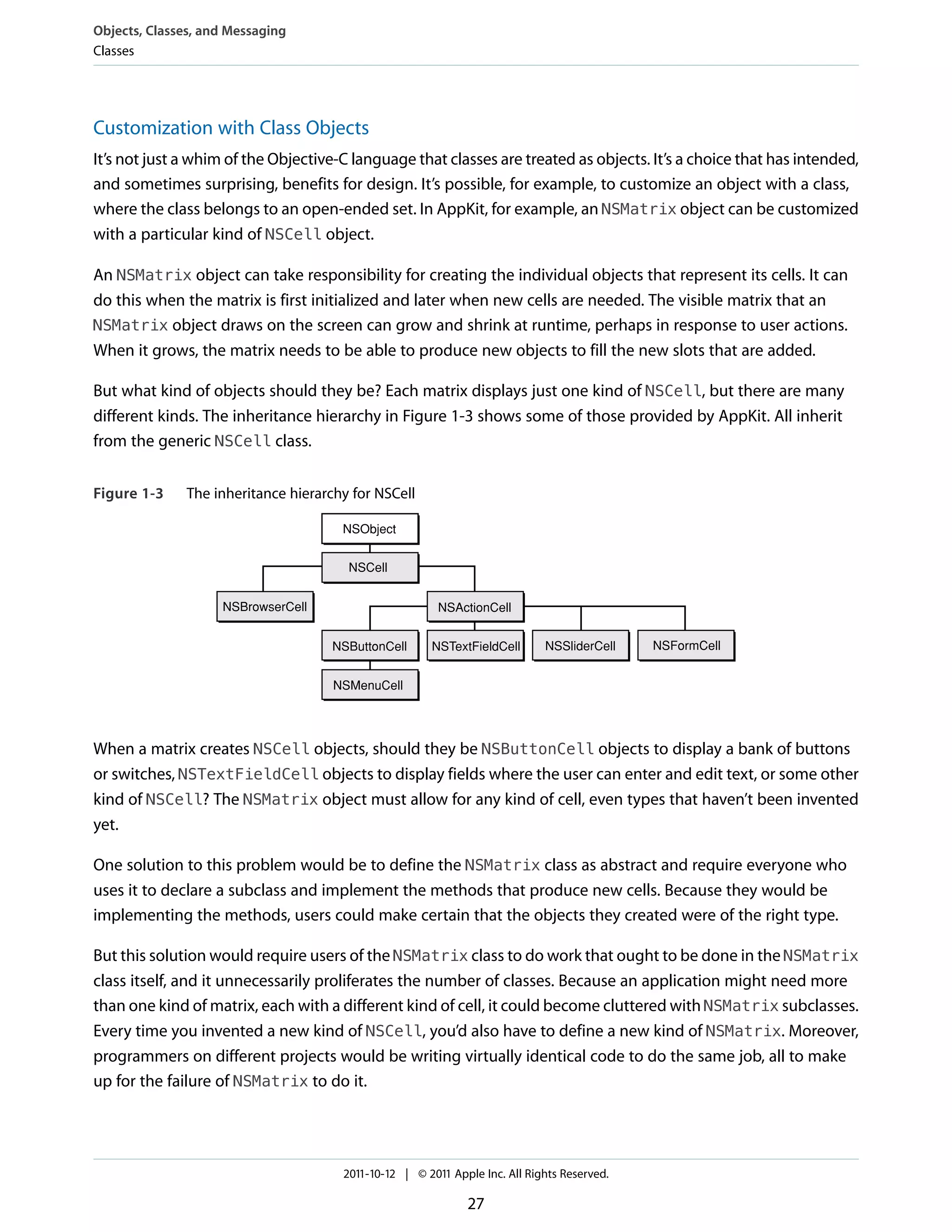 Objects, Classes, and Messaging
Classes




Customization with Class Objects
It’s not just a whim of the Objective-C language that classes are treated as objects. It’s a choice that has intended,
and sometimes surprising, benefits for design. It’s possible, for example, to customize an object with a class,
where the class belongs to an open-ended set. In AppKit, for example, an NSMatrix object can be customized
with a particular kind of NSCell object.

An NSMatrix object can take responsibility for creating the individual objects that represent its cells. It can
do this when the matrix is first initialized and later when new cells are needed. The visible matrix that an
NSMatrix object draws on the screen can grow and shrink at runtime, perhaps in response to user actions.
When it grows, the matrix needs to be able to produce new objects to fill the new slots that are added.

But what kind of objects should they be? Each matrix displays just one kind of NSCell, but there are many
different kinds. The inheritance hierarchy in Figure 1-3 shows some of those provided by AppKit. All inherit
from the generic NSCell class.


Figure 1-3     The inheritance hierarchy for NSCell

                                       NSObject


                                        NSCell


                    NSBrowserCell                        NSActionCell


                                     NSButtonCell      NSTextFieldCell       NSSliderCell    NSFormCell


                                      NSMenuCell




When a matrix creates NSCell objects, should they be NSButtonCell objects to display a bank of buttons
or switches, NSTextFieldCell objects to display fields where the user can enter and edit text, or some other
kind of NSCell? The NSMatrix object must allow for any kind of cell, even types that haven’t been invented
yet.

One solution to this problem would be to define the NSMatrix class as abstract and require everyone who
uses it to declare a subclass and implement the methods that produce new cells. Because they would be
implementing the methods, users could make certain that the objects they created were of the right type.

But this solution would require users of the NSMatrix class to do work that ought to be done in the NSMatrix
class itself, and it unnecessarily proliferates the number of classes. Because an application might need more
than one kind of matrix, each with a different kind of cell, it could become cluttered with NSMatrix subclasses.
Every time you invented a new kind of NSCell, you’d also have to define a new kind of NSMatrix. Moreover,
programmers on different projects would be writing virtually identical code to do the same job, all to make
up for the failure of NSMatrix to do it.




                                       2011-10-12 | © 2011 Apple Inc. All Rights Reserved.

                                                              27
 