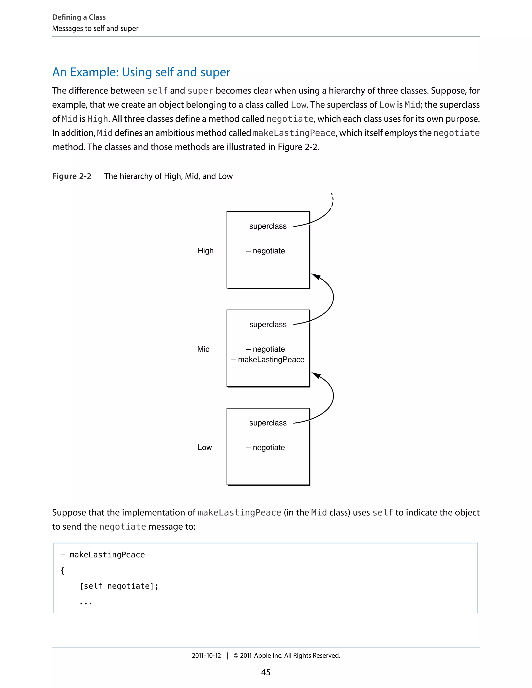 Defining a Class
Messages to self and super




An Example: Using self and super
The difference between self and super becomes clear when using a hierarchy of three classes. Suppose, for
example, that we create an object belonging to a class called Low. The superclass of Low is Mid; the superclass
of Mid is High. All three classes define a method called negotiate, which each class uses for its own purpose.
In addition, Mid defines an ambitious method called makeLastingPeace, which itself employs the negotiate
method. The classes and those methods are illustrated in Figure 2-2.


Figure 2-2     The hierarchy of High, Mid, and Low




                                                         superclass


                                        High            – negotiate




                                                         superclass


                                        Mid           – negotiate
                                                   – makeLastingPeace




                                                         superclass


                                        Low             – negotiate




Suppose that the implementation of makeLastingPeace (in the Mid class) uses self to indicate the object
to send the negotiate message to:

  - makeLastingPeace

  {

        [self negotiate];

        ...




                                      2011-10-12 | © 2011 Apple Inc. All Rights Reserved.

                                                             45
 