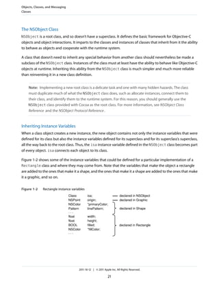 Objects, Classes, and Messaging
Classes




The NSObject Class
NSObject is a root class, and so doesn’t have a superclass. It defines the basic framework for Objective-C
objects and object interactions. It imparts to the classes and instances of classes that inherit from it the ability
to behave as objects and cooperate with the runtime system.

A class that doesn’t need to inherit any special behavior from another class should nevertheless be made a
subclass of the NSObject class. Instances of the class must at least have the ability to behave like Objective-C
objects at runtime. Inheriting this ability from the NSObject class is much simpler and much more reliable
than reinventing it in a new class definition.


     Note: Implementing a new root class is a delicate task and one with many hidden hazards. The class
     must duplicate much of what the NSObject class does, such as allocate instances, connect them to
     their class, and identify them to the runtime system. For this reason, you should generally use the
     NSObject class provided with Cocoa as the root class. For more information, see NSObject Class
     Reference and the NSObject Protocol Reference .


Inheriting Instance Variables
When a class object creates a new instance, the new object contains not only the instance variables that were
defined for its class but also the instance variables defined for its superclass and for its superclass’s superclass,
all the way back to the root class. Thus, the isa instance variable defined in the NSObject class becomes part
of every object. isa connects each object to its class.

Figure 1-2 shows some of the instance variables that could be defined for a particular implementation of a
Rectangle class and where they may come from. Note that the variables that make the object a rectangle
are added to the ones that make it a shape, and the ones that make it a shape are added to the ones that make
it a graphic, and so on.


Figure 1-2     Rectangle instance variables
                                  Class        isa;                      declared in NSObject
                                  NSPoint      origin;                   declared in Graphic
                                  NSColor      *primaryColor;
                                  Pattern      linePattern;              declared in Shape
                                  ...
                                  float        width;
                                  float        height;
                                  BOOL         filled;                   declared in Rectangle
                                  NSColor      *fillColor;
                                  ...




                                        2011-10-12 | © 2011 Apple Inc. All Rights Reserved.

                                                               21
 