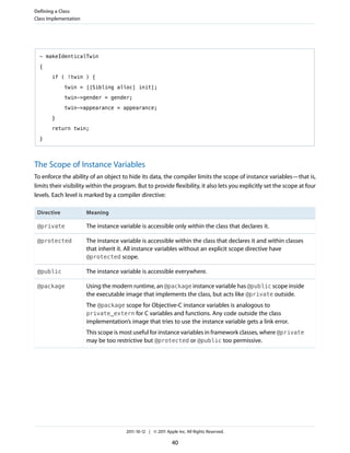 Defining a Class
Class Implementation




  - makeIdenticalTwin

  {

       if ( !twin ) {

             twin = [[Sibling alloc] init];

             twin->gender = gender;

             twin->appearance = appearance;

       }

       return twin;

  }




The Scope of Instance Variables
To enforce the ability of an object to hide its data, the compiler limits the scope of instance variables—that is,
limits their visibility within the program. But to provide flexibility, it also lets you explicitly set the scope at four
levels. Each level is marked by a compiler directive:

 Directive             Meaning

 @private              The instance variable is accessible only within the class that declares it.

 @protected            The instance variable is accessible within the class that declares it and within classes
                       that inherit it. All instance variables without an explicit scope directive have
                       @protected scope.

 @public               The instance variable is accessible everywhere.

 @package              Using the modern runtime, an @package instance variable has @public scope inside
                       the executable image that implements the class, but acts like @private outside.
                       The @package scope for Objective-C instance variables is analogous to
                       private_extern for C variables and functions. Any code outside the class
                       implementation’s image that tries to use the instance variable gets a link error.
                       This scope is most useful for instance variables in framework classes, where @private
                       may be too restrictive but @protected or @public too permissive.




                                       2011-10-12 | © 2011 Apple Inc. All Rights Reserved.

                                                              40
 