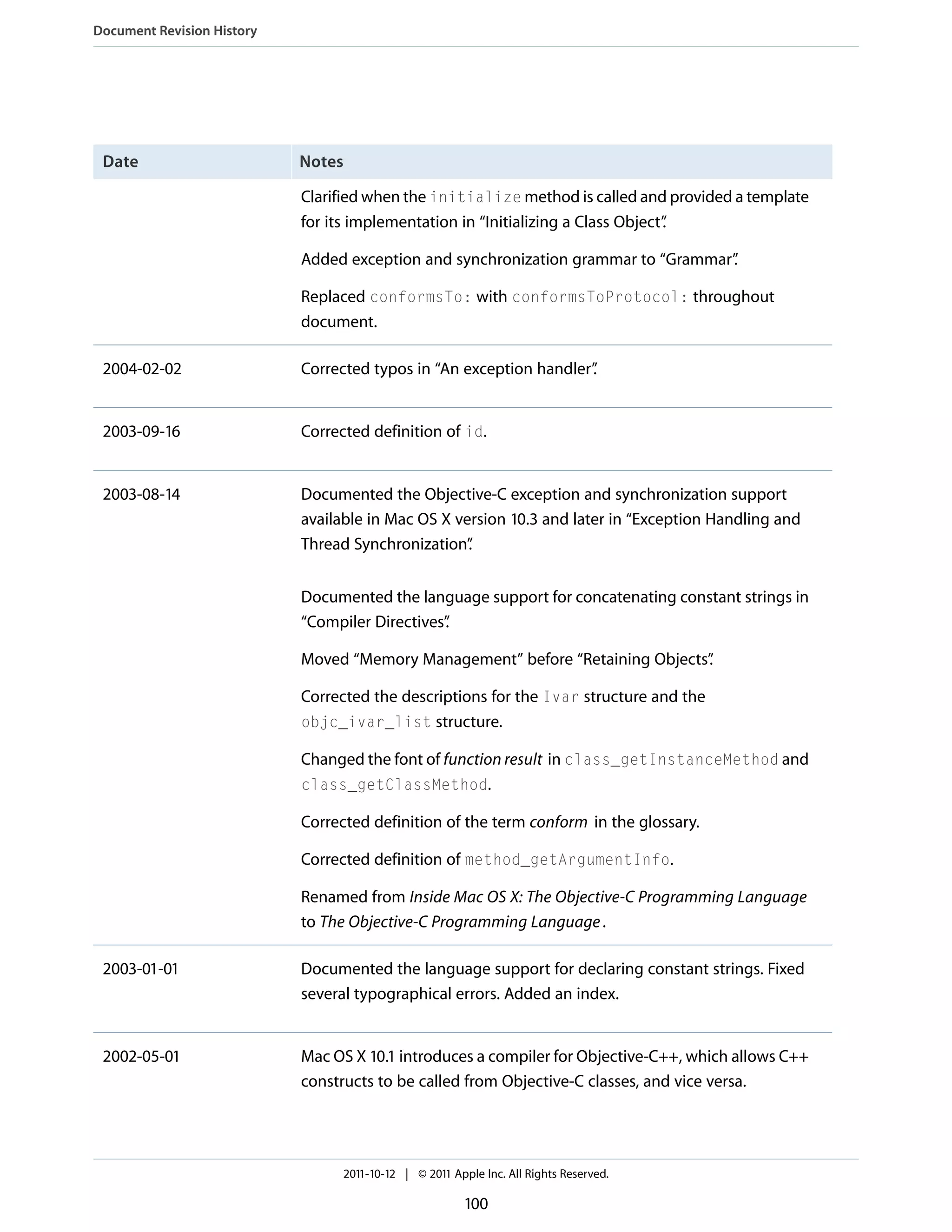 Document Revision History Date Notes Clarified when the initialize method is called and provided a template for its implementation in “Initializing a Class Object” . Added exception and synchronization grammar to “Grammar” . Replaced conformsTo: with conformsToProtocol: throughout document. 2004-02-02 Corrected typos in “An exception handler” . 2003-09-16 Corrected definition of id. 2003-08-14 Documented the Objective-C exception and synchronization support available in Mac OS X version 10.3 and later in “Exception Handling and Thread Synchronization” . Documented the language support for concatenating constant strings in “Compiler Directives” . Moved “Memory Management” before “Retaining Objects” . Corrected the descriptions for the Ivar structure and the objc_ivar_list structure. Changed the font of function result in class_getInstanceMethod and class_getClassMethod. Corrected definition of the term conform in the glossary. Corrected definition of method_getArgumentInfo. Renamed from Inside Mac OS X: The Objective-C Programming Language to The Objective-C Programming Language . 2003-01-01 Documented the language support for declaring constant strings. Fixed several typographical errors. Added an index. 2002-05-01 Mac OS X 10.1 introduces a compiler for Objective-C++, which allows C++ constructs to be called from Objective-C classes, and vice versa. 2011-10-12 | © 2011 Apple Inc. All Rights Reserved. 100 