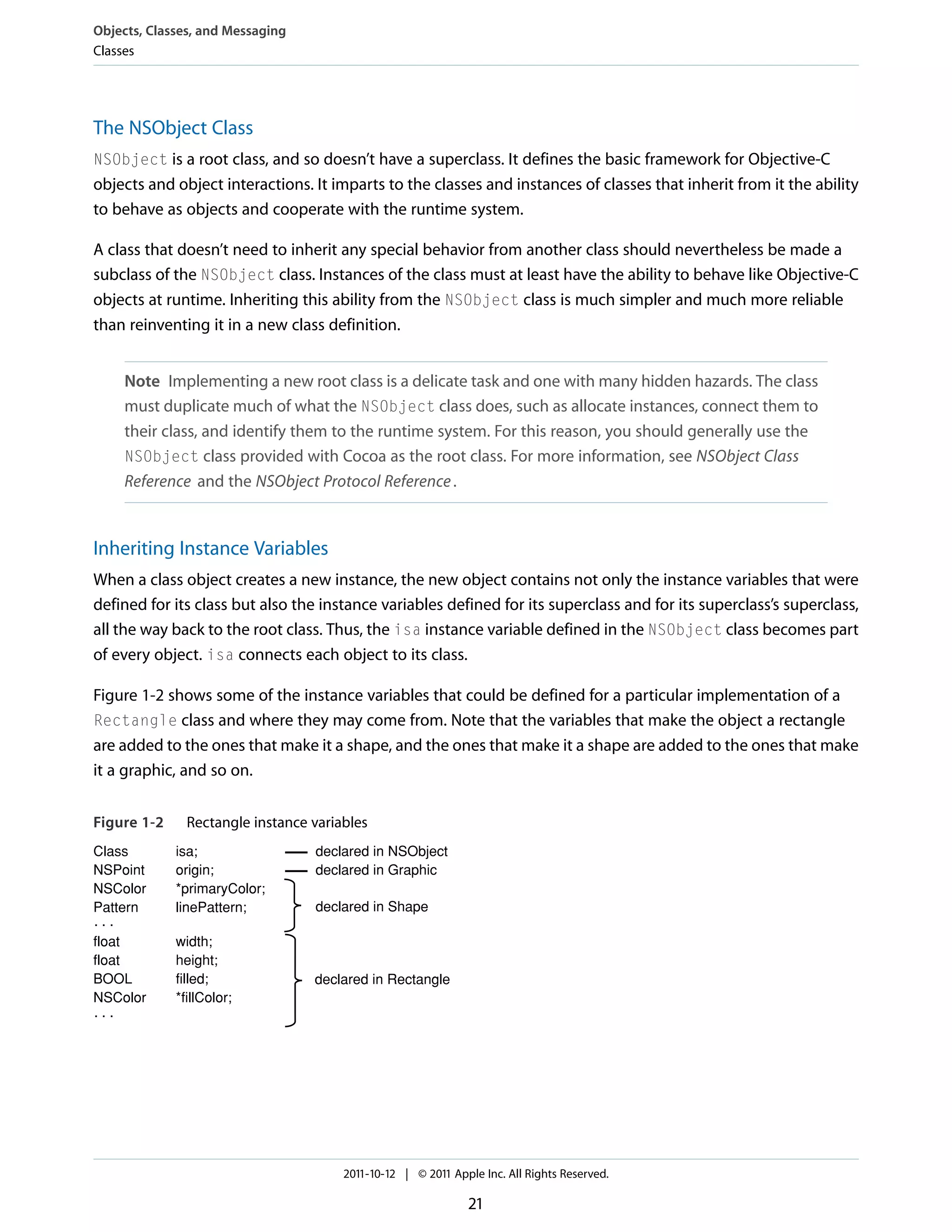 Objects, Classes, and Messaging Classes The NSObject Class NSObject is a root class, and so doesn’t have a superclass. It defines the basic framework for Objective-C objects and object interactions. It imparts to the classes and instances of classes that inherit from it the ability to behave as objects and cooperate with the runtime system. A class that doesn’t need to inherit any special behavior from another class should nevertheless be made a subclass of the NSObject class. Instances of the class must at least have the ability to behave like Objective-C objects at runtime. Inheriting this ability from the NSObject class is much simpler and much more reliable than reinventing it in a new class definition. Note Implementing a new root class is a delicate task and one with many hidden hazards. The class must duplicate much of what the NSObject class does, such as allocate instances, connect them to their class, and identify them to the runtime system. For this reason, you should generally use the NSObject class provided with Cocoa as the root class. For more information, see NSObject Class Reference and the NSObject Protocol Reference . Inheriting Instance Variables When a class object creates a new instance, the new object contains not only the instance variables that were defined for its class but also the instance variables defined for its superclass and for its superclass’s superclass, all the way back to the root class. Thus, the isa instance variable defined in the NSObject class becomes part of every object. isa connects each object to its class. Figure 1-2 shows some of the instance variables that could be defined for a particular implementation of a Rectangle class and where they may come from. Note that the variables that make the object a rectangle are added to the ones that make it a shape, and the ones that make it a shape are added to the ones that make it a graphic, and so on. Figure 1-2 Class NSPoint NSColor Pattern ... float float BOOL NSColor ... Rectangle instance variables isa; origin; *primaryColor; linePattern; width; height; filled; *fillColor; declared in NSObject declared in Graphic declared in Shape declared in Rectangle 2011-10-12 | © 2011 Apple Inc. All Rights Reserved. 21 