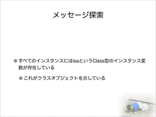 メッセージ探索
すべてのインスタンスにはisaというClass型のインスタンス変
数が存在している
これがクラスオブジェクトを示している
 