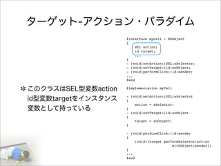 ターゲット-アクション・パラダイム
このクラスはSEL型変数action
id型変数targetをインスタンス
変数として持っている
@interface myCell : NSObject
{
SEL action;
id target;
...
}
- (void)setAction:(SEL)aSelector;
- (void)setTarget:(id)anObject;
- (void)performClick:(id)sender;
...
@end
@implementation myCell
- (void)setAction:(SEL)aSelector
{
action = aSelector;
}
- (void)setTarget:(id)anObject
{
target = anObject;
}
- (void)performClick:(id)sender
{
(void)[target performSelector:action
withObject:sender];
}
...
@end
 