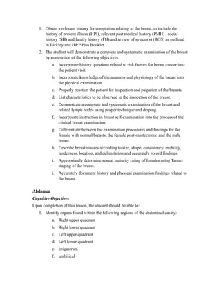 1. Obtain a relevant history for complaints relating to the breast, to include the
      history of present illness (HPI), relevant past medical history (PMH) , social
      history (SH) and family history (FH) and review of system(s) (ROS) as outlined
      in Bickley and H&P Plus Booklet.
   2. The student will demonstrate a complete and systematic examination of the breast
      by completion of the following objectives:
           a. Incorporate history questions related to risk factors for breast cancer into
              the patient visit.
           b. Incorporate knowledge of the anatomy and physiology of the breast into
              the physical examination.
           c. Properly position the patient for inspection and palpation of the breasts.
           d. List characteristics to be observed in the inspection of the breast.
           e. Demonstrate a complete and systematic examination of the breast and
              related lymph nodes using proper technique and draping.
           f. Incorporate instruction in breast self-examination into the process of the
              clinical breast examination.
           g. Differentiate between the examination procedures and findings for the
              female with normal breasts, the female post-mastectomy, and the male
              breast.
           h. Describe breast masses according to size, shape, consistency, mobility,
              tenderness, location, and delimitation and accurately record findings.
           i. Appropriately determine sexual maturity rating of females using Tanner
              staging of the breast.
           j. Accurately document history and physical examination findings related to
              the breast.

Abdomen
Cognitive Objectives
Upon completion of this lesson, the student should be able to:
   1. Identify organs found within the following regions of the abdominal cavity:
           a. Right upper quadrant
           b. Right lower quadrant
           c. Left upper quadrant
           d. Left lower quadrant
           e. epigastrum
           f. umbilical
 