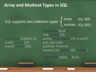 •Array and Multiset Types in SQL
SQL supports two collection types
arrays
multisets
SQL:1999
SQL:2003
create type Publishe...