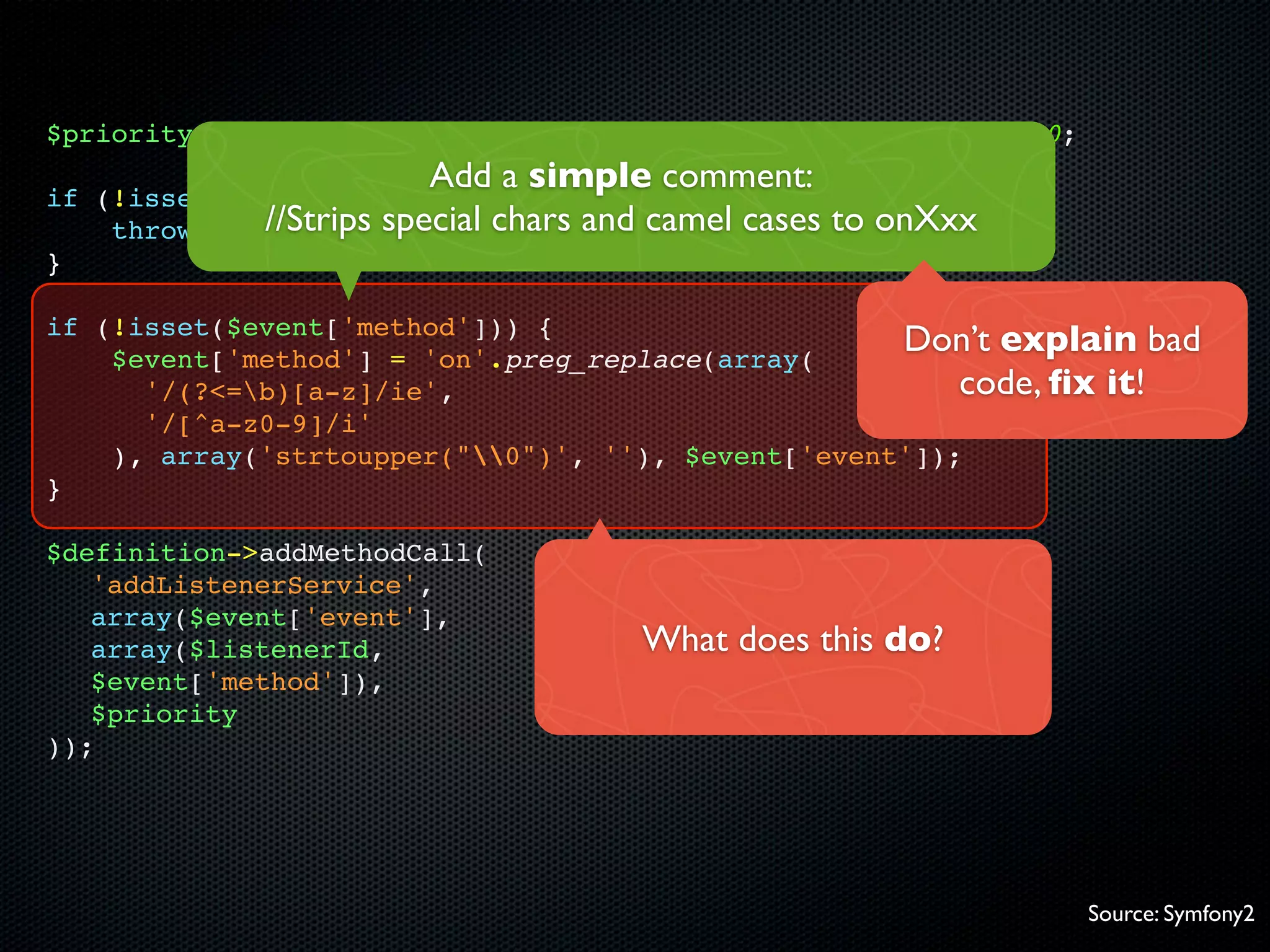 $priority = isset($event['priority']) ? $event['priority'] : 0;
                            Add a simple comment:
if   (!isset($event['event'])) {
      throw new //Strips special chars and camel cases to onXxx
                 InvalidArgumentException(...));
}

if (!isset($event['method'])) {
    $event['method'] = 'on'.preg_replace(array(
                                                    Don’t explain bad
      '/(?<=b)[a-z]/ie',                               code, ﬁx it!
      '/[^a-z0-9]/i'
    ), array('strtoupper("0")', ''), $event['event']);
}

$definition->addMethodCall(
   'addListenerService',
   array($event['event'],
   array($listenerId,                   What does this do?
   $event['method']),
   $priority
));




                                                                  Source: Symfony2
 