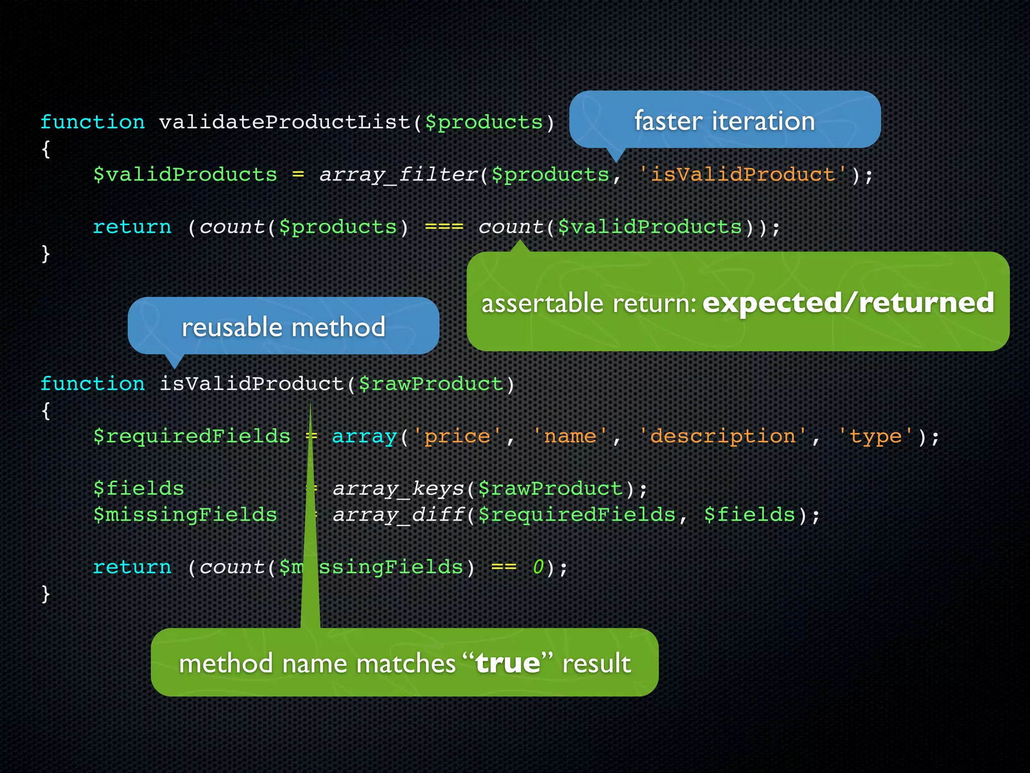 function validateProductList($products)      faster iteration
{
    $validProducts = array_filter($products, 'isValidProduct');

    return (count($products) === count($validProducts));
}

                                  assertable return: expected/returned
          reusable method
function isValidProduct($rawProduct)
{
    $requiredFields = array('price', 'name', 'description', 'type');

    $fields          = array_keys($rawProduct);
    $missingFields   = array_diff($requiredFields, $fields);

    return (count($missingFields) == 0);
}


          method name matches “true” result
 