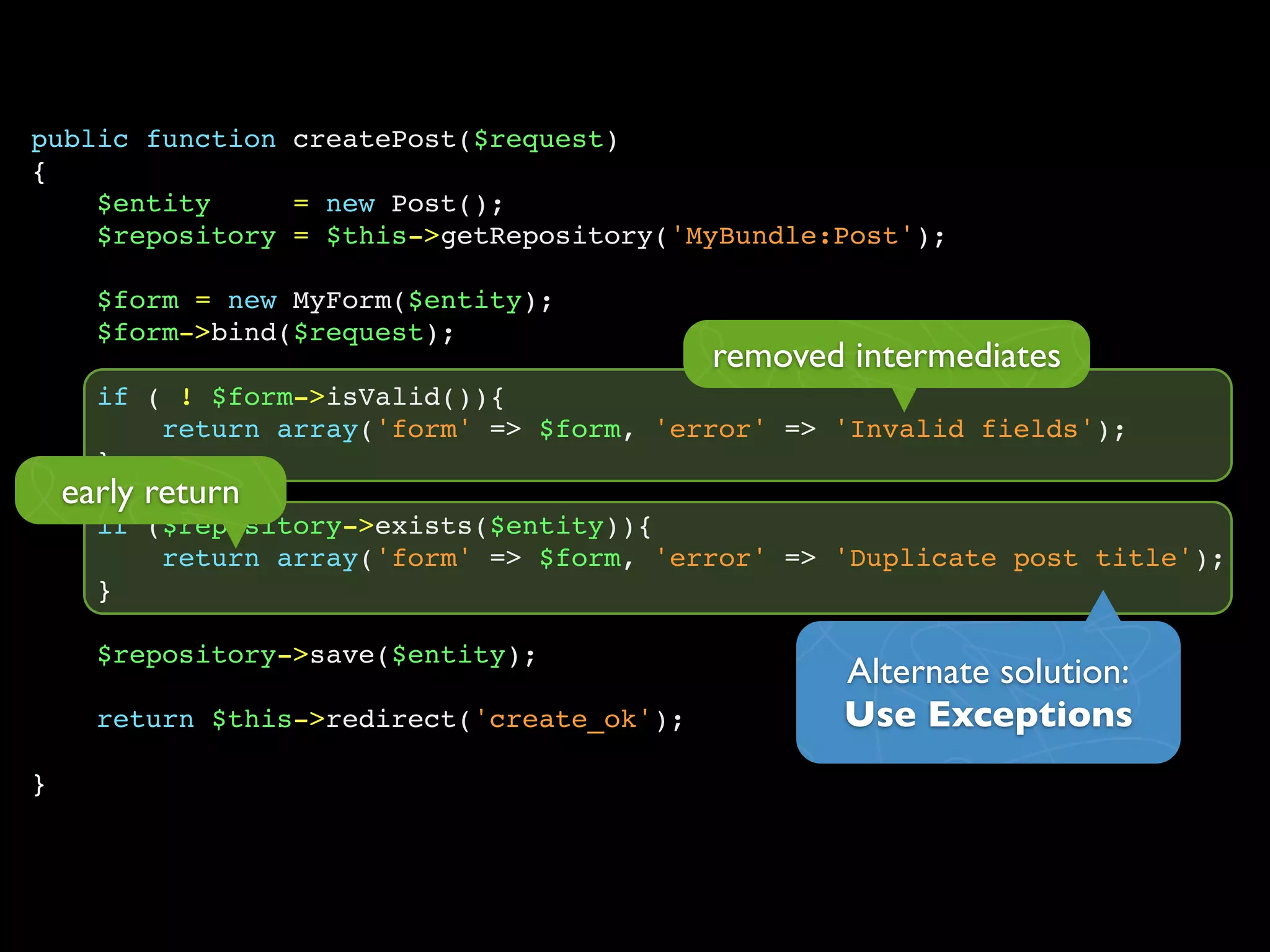 public function createPost($request)
{
    $entity     = new Post();
    $repository = $this->getRepository('MyBundle:Post');

      $form = new MyForm($entity);
      $form->bind($request);
                                             removed intermediates
      if ( ! $form->isValid()){
          return array('form' => $form, 'error' => 'Invalid fields');
      }
    early return
      if ($repository->exists($entity)){
          return array('form' => $form, 'error' => 'Duplicate post title');
      }

      $repository->save($entity);
                                                    Alternate solution:
      return $this->redirect('create_ok');          Use Exceptions
}
 