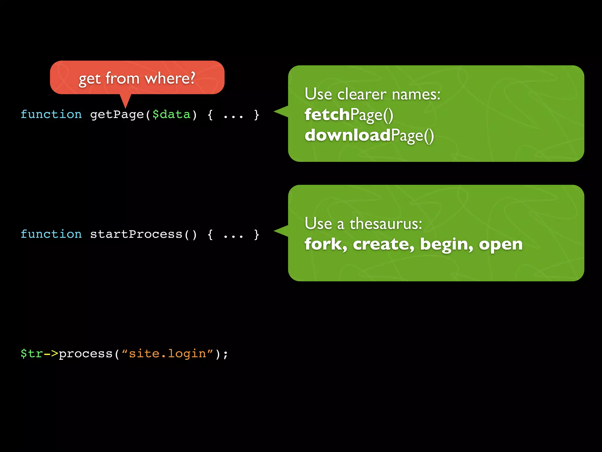 get from where?
                                  Use clearer names:
function getPage($data) { ... }   fetchPage()
                                  downloadPage()




                                  Use a thesaurus:
function startProcess() { ... }
                                  fork, create, begin, open




$tr->process(“site.login”);
 