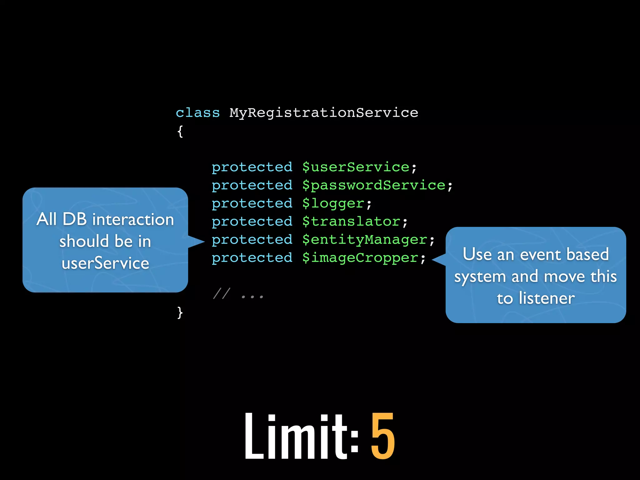class MyRegistrationService
{
protected $userService;
protected $passwordService;
protected $logger;
protected $translator;
protected $entityManager;
protected $imageCropper;
// ...
}
Limit: 5
Use an event based
system and move this
to listener
All DB interaction
should be in
userService
 