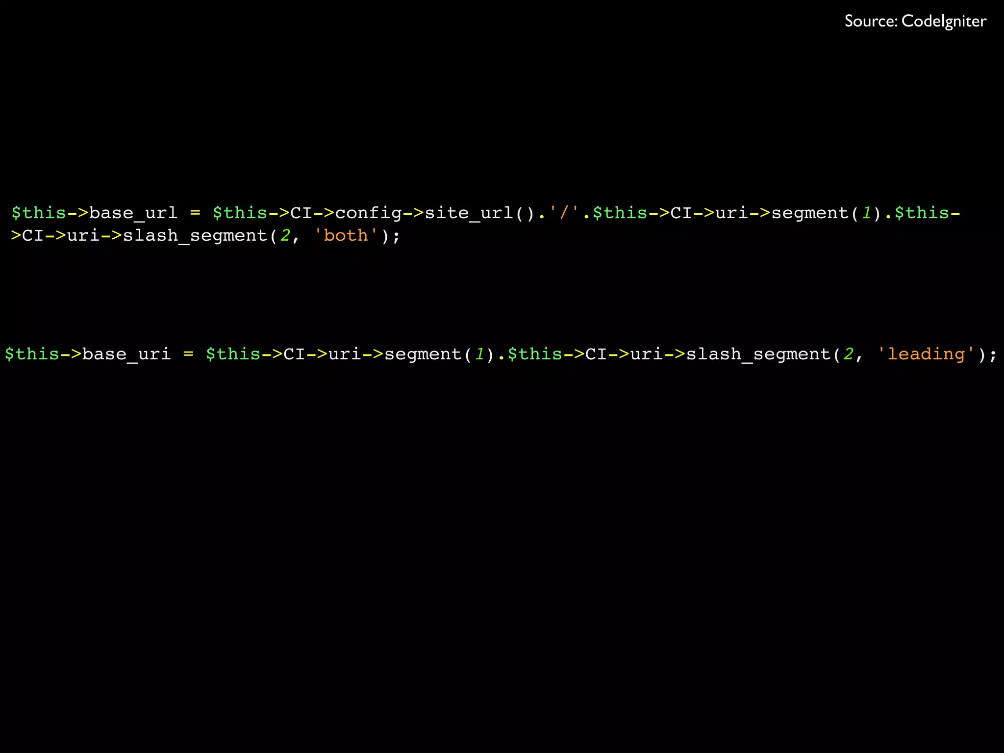 $this->base_url = $this->CI->config->site_url().'/'.$this->CI->uri->segment(1).$this-
>CI->uri->slash_segment(2, 'both');
$this->base_uri = $this->CI->uri->segment(1).$this->CI->uri->slash_segment(2, 'leading');
Source: CodeIgniter
 