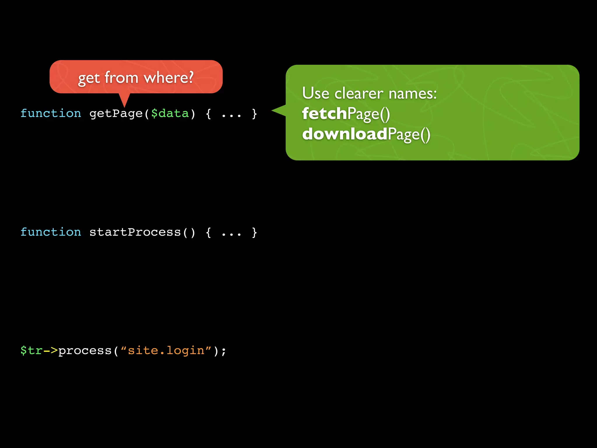 Use clearer names:
fetchPage()
downloadPage()
function getPage($data) { ... }
get from where?
function startProcess() { ... }
$tr->process(“site.login”);
 