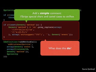 $priority = isset($event['priority']) ? $event['priority'] : 0;
if (!isset($event['event'])) {
throw new InvalidArgumentException(...));
}
if (!isset($event['method'])) {
$event['method'] = 'on'.preg_replace(array(
'/(?<=b)[a-z]/ie',
'/[^a-z0-9]/i'
), array('strtoupper("0")', ''), $event['event']);
}
$definition->addMethodCall(
'addListenerService',
array($event['event'],
array($listenerId,
$event['method']),
$priority
));
What does this do?
Add a simple comment:
//Strips special chars and camel cases to onXxx
Source: Symfony2
 