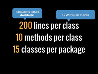 200 lines per class
10 methods per class
15 classes per package
15-20 lines per method
Increased to include
docblocks
 