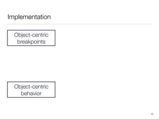 Implementation
14
Object-centric
breakpoints
Object-centric 
behavior
 