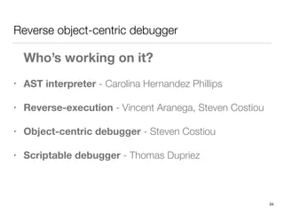 Reverse object-centric debugger
• AST interpreter - Carolina Hernandez Phillips
• Reverse-execution - Vincent Aranega, Ste...