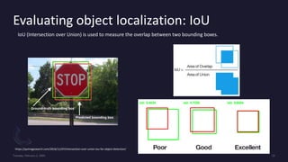 Evaluating object localization: IoU
IoU (Intersection over Union) is used to measure the overlap between two bounding boxes.
https://pyimagesearch.com/2016/11/07/intersection-over-union-iou-for-object-detection/
 
