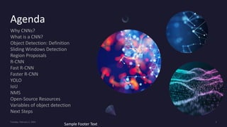 Agenda
Sample Footer Text
Why CNNs?
What is a CNN?
Object Detection: Definition
Sliding Windows Detection
Region Proposals
R-CNN
Fast R-CNN
Faster R-CNN
YOLO
IoU
NMS
Open-Source Resources
Variables of object detection
Next Steps
 