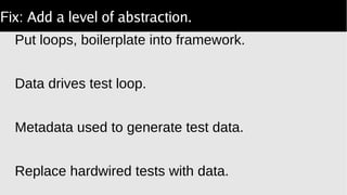 Fix: Add a level of abstraction.
Put loops, boilerplate into framework.
Data drives test loop.
Metadata used to generate test data.
Replace hardwired tests with data.
 