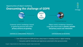 8innogy SE – innogy Innovation Hub · Object Marketing - Copyright: innogy Innovation GmbH
DIGIT
AL
TWIN
Overcoming the challenge of GDPR
Opportunities of object marketing
Customer centric marketing is based
on gathering personal data while
privacy concerns are growing.
FOCUS IS ON
OWNING & CONSUMING PRODUCTS
TODAY
Object centric marketing is based on
usage data which leads to precise, valuable
and privacy secure user interaction.
FOCUS IS ON
EXPERIENCING & MEANING
TOMMOROW
• From 2018 onwards the GDPR will have a deep impact in nowadays practice in digital marketing
• Consumers seek for immersive user experiences customized to their personal context
 
