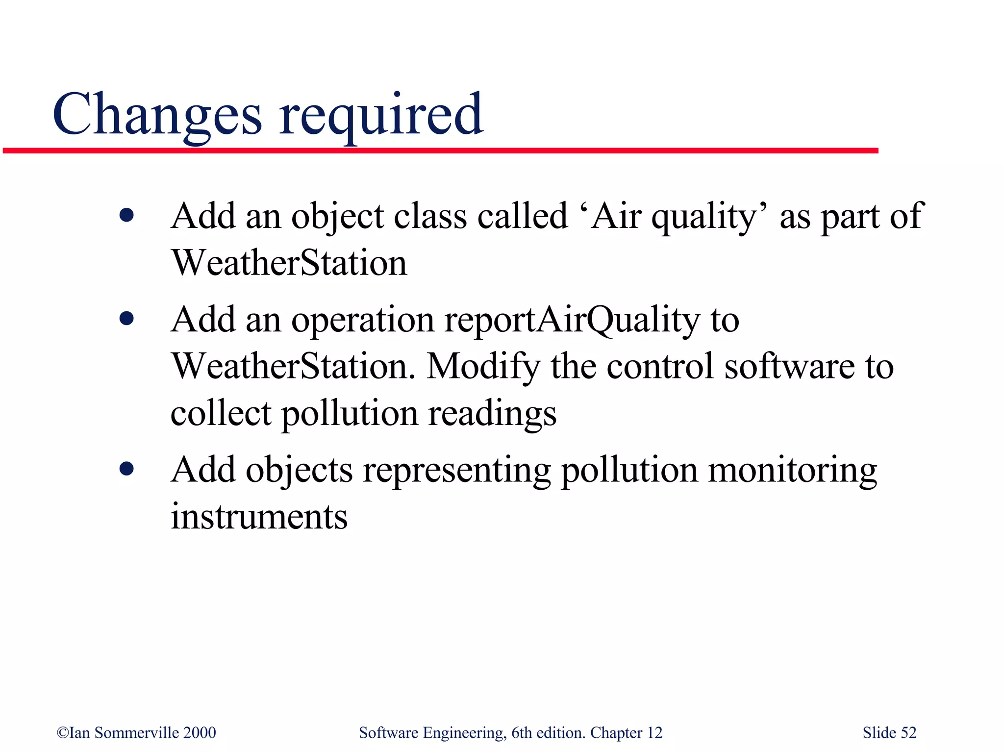 Changes required Add an object class called ‘Air quality’ as part of WeatherStation Add an operation reportAirQuality to WeatherStation. Modify the control software to collect pollution readings Add objects representing pollution monitoring instruments 