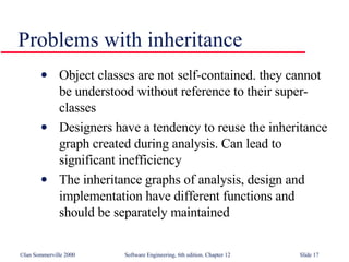 Problems with inheritance Object classes are not self-contained. they cannot be understood without reference to their super-classes Designers have a tendency to reuse the inheritance graph created during analysis. Can lead to significant inefficiency The inheritance graphs of analysis, design and implementation have different functions and should be separately maintained 