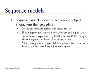 Sequence models Sequence models show the sequence of object interactions that take place Objects are arranged horizontally across the top Time is represented vertically so models are read top to bottom Interactions are represented by labelled arrows, Different styles of arrow represent different types of interaction A thin rectangle in an object lifeline represents the time when the object is the controlling object in the system 
