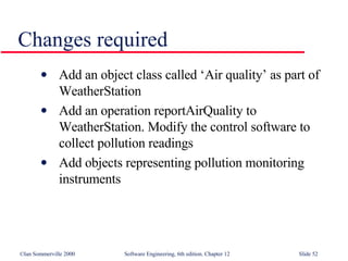 Changes required Add an object class called ‘Air quality’ as part of WeatherStation Add an operation reportAirQuality to WeatherStation. Modify the control software to collect pollution readings Add objects representing pollution monitoring instruments 