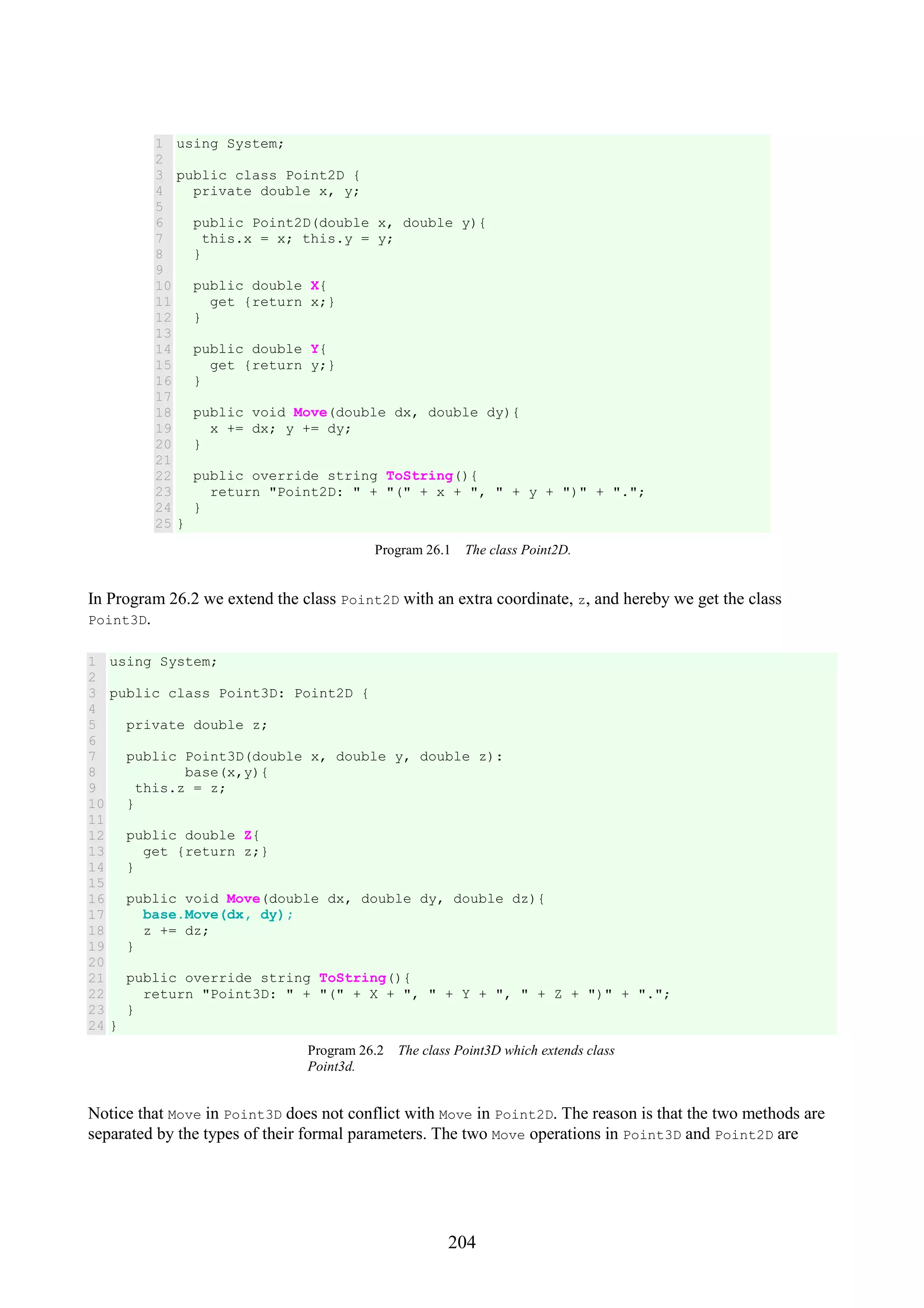 204 1 2 3 4 5 6 7 8 9 10 11 12 13 14 15 16 17 18 19 20 21 22 23 24 25 using System; public class Point2D { private double x, y; public Point2D(double x, double y){ this.x = x; this.y = y; } public double X{ get {return x;} } public double Y{ get {return y;} } public void Move(double dx, double dy){ x += dx; y += dy; } public override string ToString(){ return "Point2D: " + "(" + x + ", " + y + ")" + "."; } } Program 26.1 The class Point2D. In Program 26.2 we extend the class Point2D with an extra coordinate, z, and hereby we get the class Point3D. 1 2 3 4 5 6 7 8 9 10 11 12 13 14 15 16 17 18 19 20 21 22 23 24 using System; public class Point3D: Point2D { private double z; public Point3D(double x, double y, double z): base(x,y){ this.z = z; } public double Z{ get {return z;} } public void Move(double dx, double dy, double dz){ base.Move(dx, dy); z += dz; } public override string ToString(){ return "Point3D: " + "(" + X + ", " + Y + ", " + Z + ")" + "."; } } Program 26.2 The class Point3D which extends class Point3d. Notice that Move in Point3D does not conflict with Move in Point2D. The reason is that the two methods are separated by the types of their formal parameters. The two Move operations in Point3D and Point2D are 