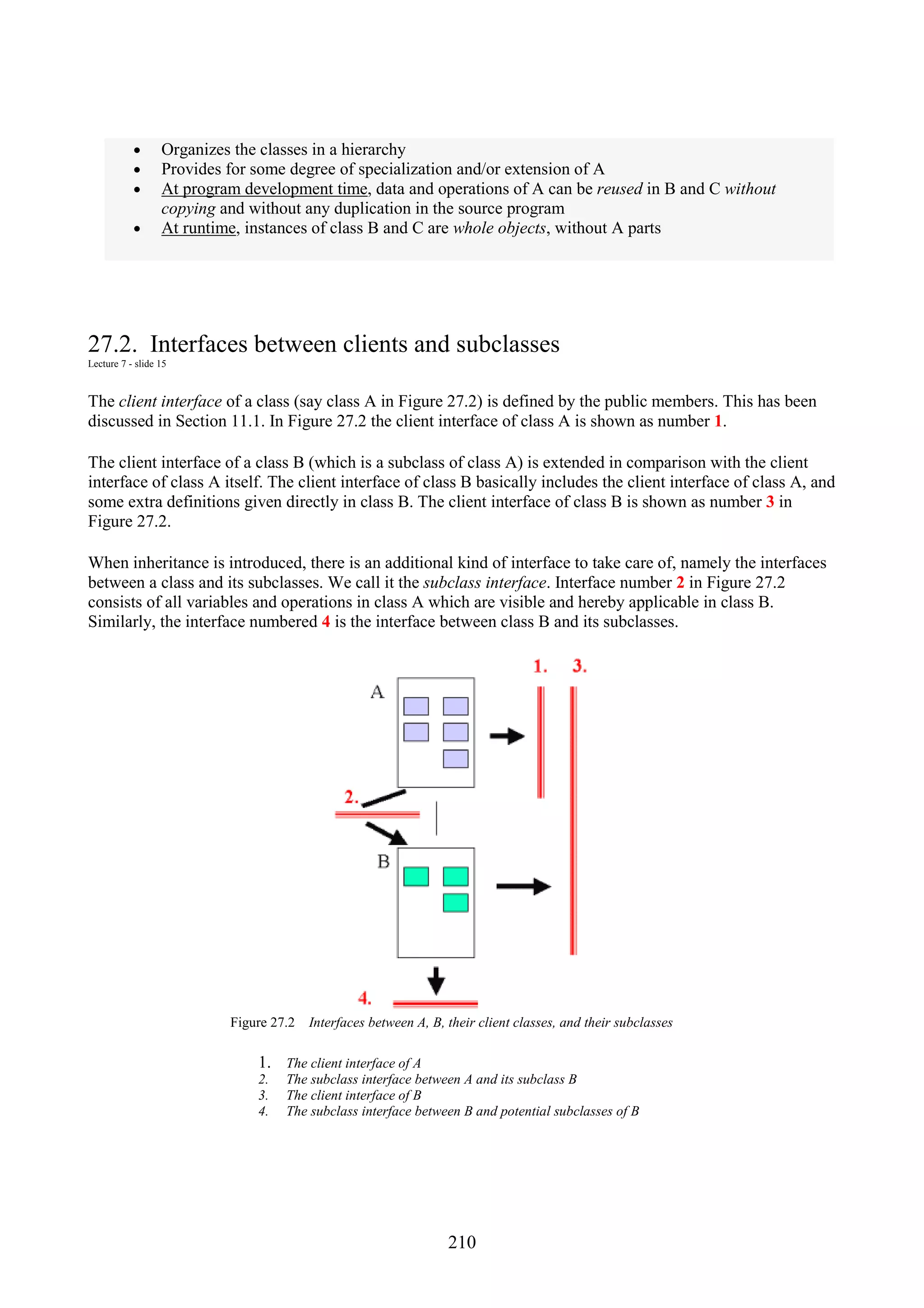210 • Organizes the classes in a hierarchy • Provides for some degree of specialization and/or extension of A • At program development time, data and operations of A can be reused in B and C without copying and without any duplication in the source program • At runtime, instances of class B and C are whole objects, without A parts 27.2. Interfaces between clients and subclasses Lecture 7 - slide 15 The client interface of a class (say class A in Figure 27.2) is defined by the public members. This has been discussed in Section 11.1. In Figure 27.2 the client interface of class A is shown as number 1. The client interface of a class B (which is a subclass of class A) is extended in comparison with the client interface of class A itself. The client interface of class B basically includes the client interface of class A, and some extra definitions given directly in class B. The client interface of class B is shown as number 3 in Figure 27.2. When inheritance is introduced, there is an additional kind of interface to take care of, namely the interfaces between a class and its subclasses. We call it the subclass interface. Interface number 2 in Figure 27.2 consists of all variables and operations in class A which are visible and hereby applicable in class B. Similarly, the interface numbered 4 is the interface between class B and its subclasses. Figure 27.2 Interfaces between A, B, their client classes, and their subclasses 1. The client interface of A 2. The subclass interface between A and its subclass B 3. The client interface of B 4. The subclass interface between B and potential subclasses of B 