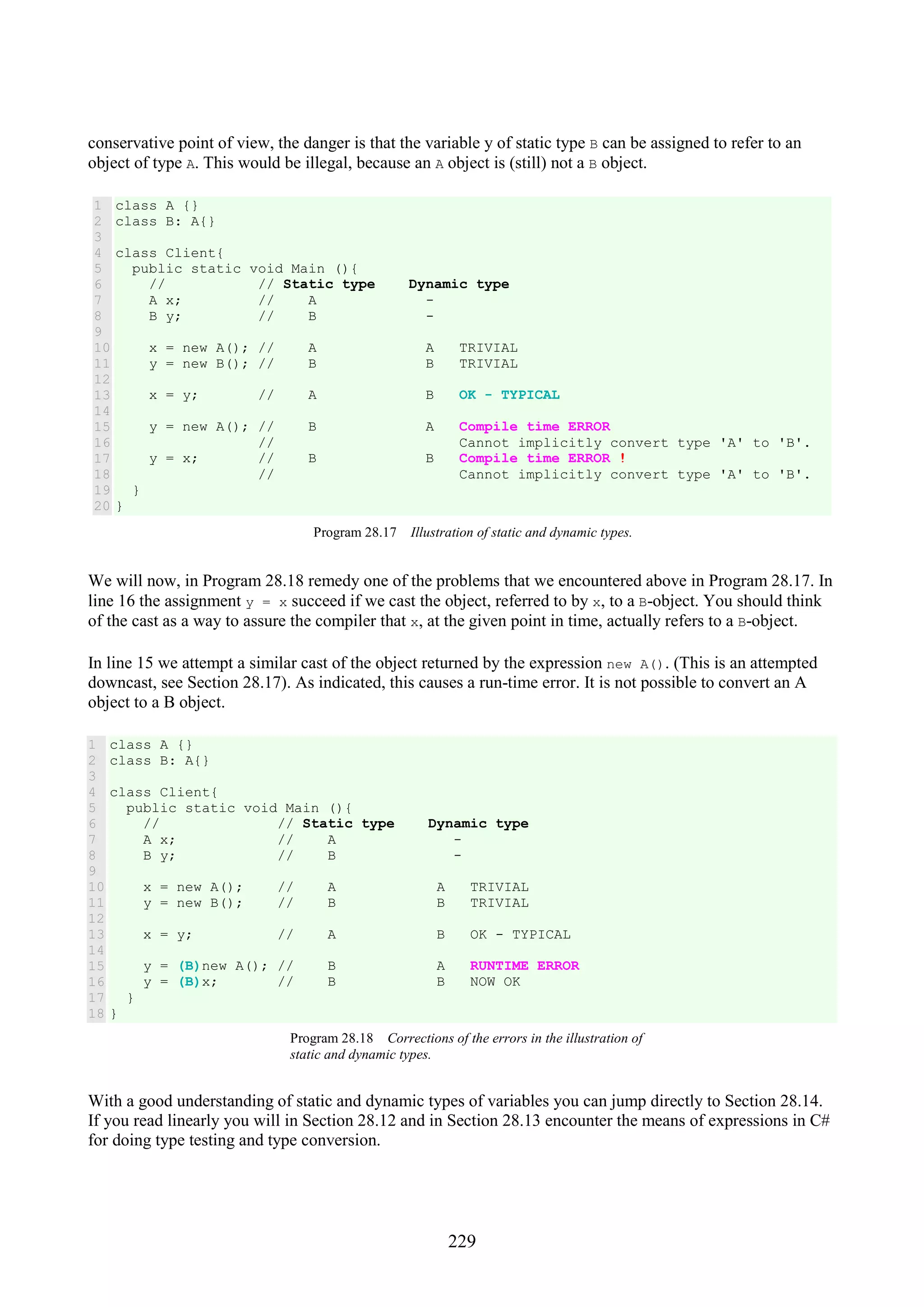 229 conservative point of view, the danger is that the variable y of static type B can be assigned to refer to an object of type A. This would be illegal, because an A object is (still) not a B object. 1 2 3 4 5 6 7 8 9 10 11 12 13 14 15 16 17 18 19 20 class A {} class B: A{} class Client{ public static void Main (){ // // Static type Dynamic type A x; // A - B y; // B - x = new A(); // A A TRIVIAL y = new B(); // B B TRIVIAL x = y; // A B OK - TYPICAL y = new A(); // B A Compile time ERROR // Cannot implicitly convert type 'A' to 'B'. y = x; // B B Compile time ERROR ! // Cannot implicitly convert type 'A' to 'B'. } } Program 28.17 Illustration of static and dynamic types. We will now, in Program 28.18 remedy one of the problems that we encountered above in Program 28.17. In line 16 the assignment y = x succeed if we cast the object, referred to by x, to a B-object. You should think of the cast as a way to assure the compiler that x, at the given point in time, actually refers to a B-object. In line 15 we attempt a similar cast of the object returned by the expression new A(). (This is an attempted downcast, see Section 28.17). As indicated, this causes a run-time error. It is not possible to convert an A object to a B object. 1 2 3 4 5 6 7 8 9 10 11 12 13 14 15 16 17 18 class A {} class B: A{} class Client{ public static void Main (){ // // Static type Dynamic type A x; // A - B y; // B - x = new A(); // A A TRIVIAL y = new B(); // B B TRIVIAL x = y; // A B OK - TYPICAL y = (B)new A(); // B A RUNTIME ERROR y = (B)x; // B B NOW OK } } Program 28.18 Corrections of the errors in the illustration of static and dynamic types. With a good understanding of static and dynamic types of variables you can jump directly to Section 28.14. If you read linearly you will in Section 28.12 and in Section 28.13 encounter the means of expressions in C# for doing type testing and type conversion. 