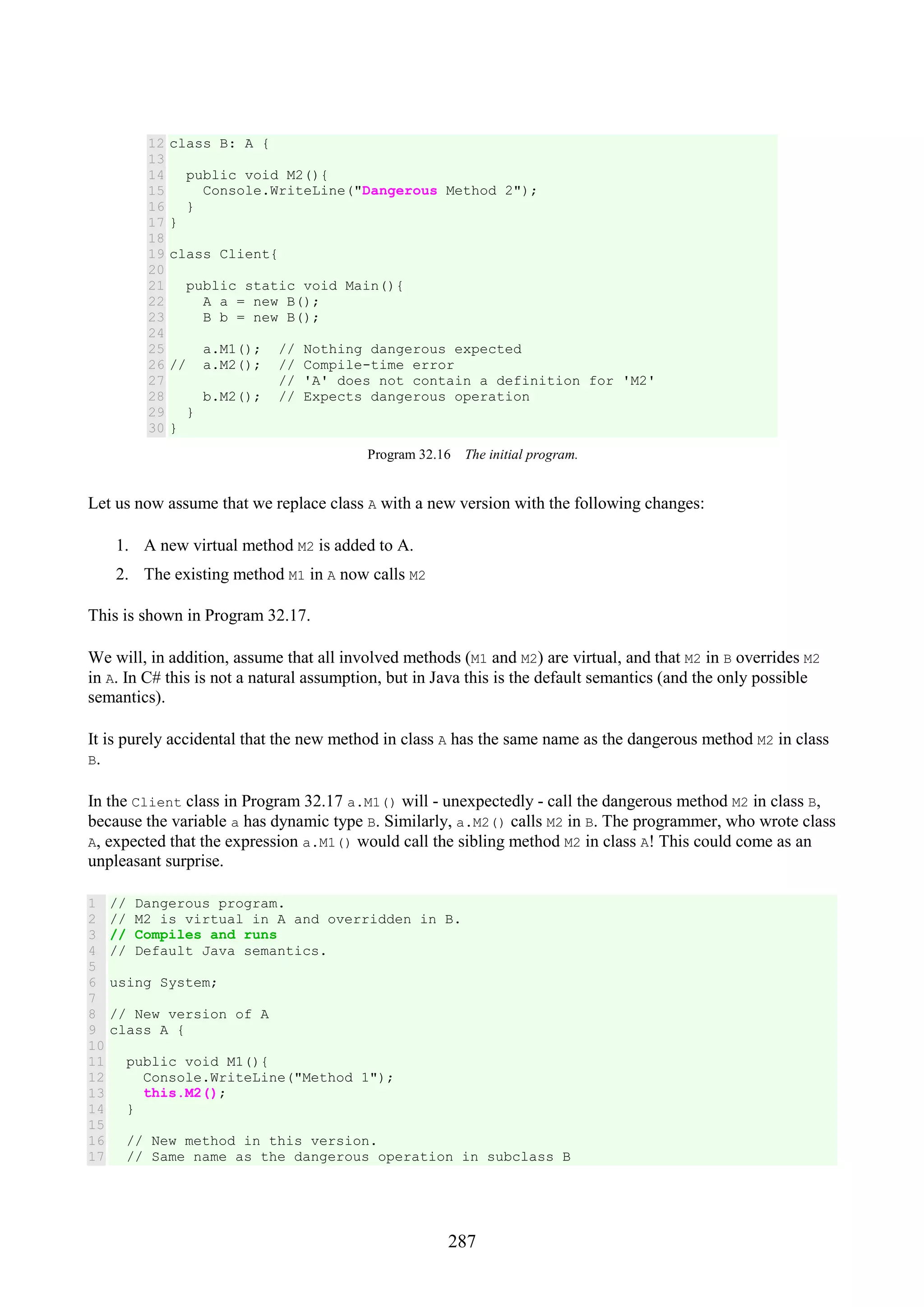 287 12 13 14 15 16 17 18 19 20 21 22 23 24 25 26 27 28 29 30 class B: A { public void M2(){ Console.WriteLine("Dangerous Method 2"); } } class Client{ public static void Main(){ A a = new B(); B b = new B(); a.M1(); // Nothing dangerous expected // a.M2(); // Compile-time error // 'A' does not contain a definition for 'M2' b.M2(); // Expects dangerous operation } } Program 32.16 The initial program. Let us now assume that we replace class A with a new version with the following changes: 1. A new virtual method M2 is added to A. 2. The existing method M1 in A now calls M2 This is shown in Program 32.17. We will, in addition, assume that all involved methods (M1 and M2) are virtual, and that M2 in B overrides M2 in A. In C# this is not a natural assumption, but in Java this is the default semantics (and the only possible semantics). It is purely accidental that the new method in class A has the same name as the dangerous method M2 in class B. In the Client class in Program 32.17 a.M1() will - unexpectedly - call the dangerous method M2 in class B, because the variable a has dynamic type B. Similarly, a.M2() calls M2 in B. The programmer, who wrote class A, expected that the expression a.M1() would call the sibling method M2 in class A! This could come as an unpleasant surprise. 1 2 3 4 5 6 7 8 9 10 11 12 13 14 15 16 17 // Dangerous program. // M2 is virtual in A and overridden in B. // Compiles and runs // Default Java semantics. using System; // New version of A class A { public void M1(){ Console.WriteLine("Method 1"); this.M2(); } // New method in this version. // Same name as the dangerous operation in subclass B 