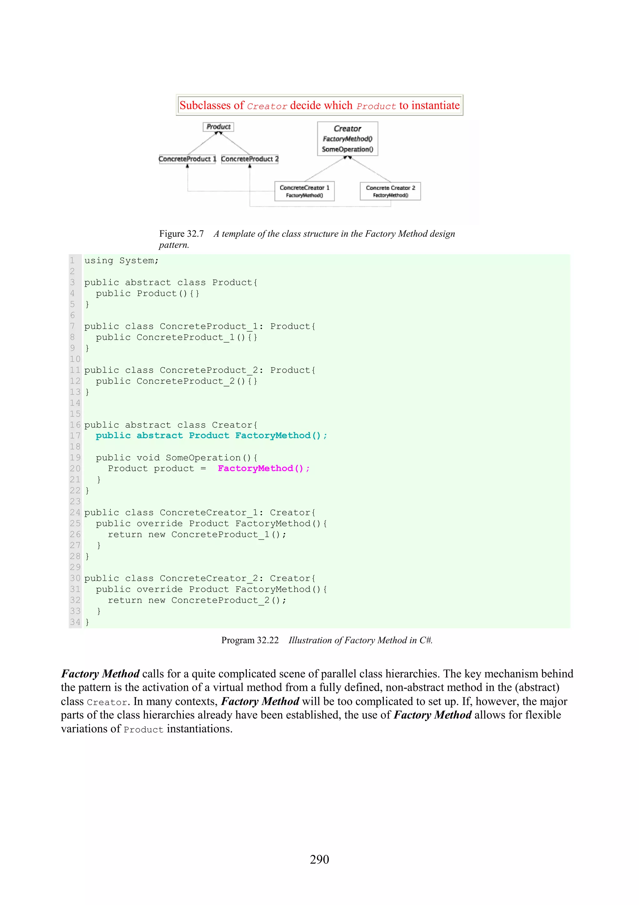 290 Subclasses of Creator decide which Product to instantiate Figure 32.7 A template of the class structure in the Factory Method design pattern. 1 2 3 4 5 6 7 8 9 10 11 12 13 14 15 16 17 18 19 20 21 22 23 24 25 26 27 28 29 30 31 32 33 34 using System; public abstract class Product{ public Product(){} } public class ConcreteProduct_1: Product{ public ConcreteProduct_1(){} } public class ConcreteProduct_2: Product{ public ConcreteProduct_2(){} } public abstract class Creator{ public abstract Product FactoryMethod(); public void SomeOperation(){ Product product = FactoryMethod(); } } public class ConcreteCreator_1: Creator{ public override Product FactoryMethod(){ return new ConcreteProduct_1(); } } public class ConcreteCreator_2: Creator{ public override Product FactoryMethod(){ return new ConcreteProduct_2(); } } Program 32.22 Illustration of Factory Method in C#. Factory Method calls for a quite complicated scene of parallel class hierarchies. The key mechanism behind the pattern is the activation of a virtual method from a fully defined, non-abstract method in the (abstract) class Creator. In many contexts, Factory Method will be too complicated to set up. If, however, the major parts of the class hierarchies already have been established, the use of Factory Method allows for flexible variations of Product instantiations. 