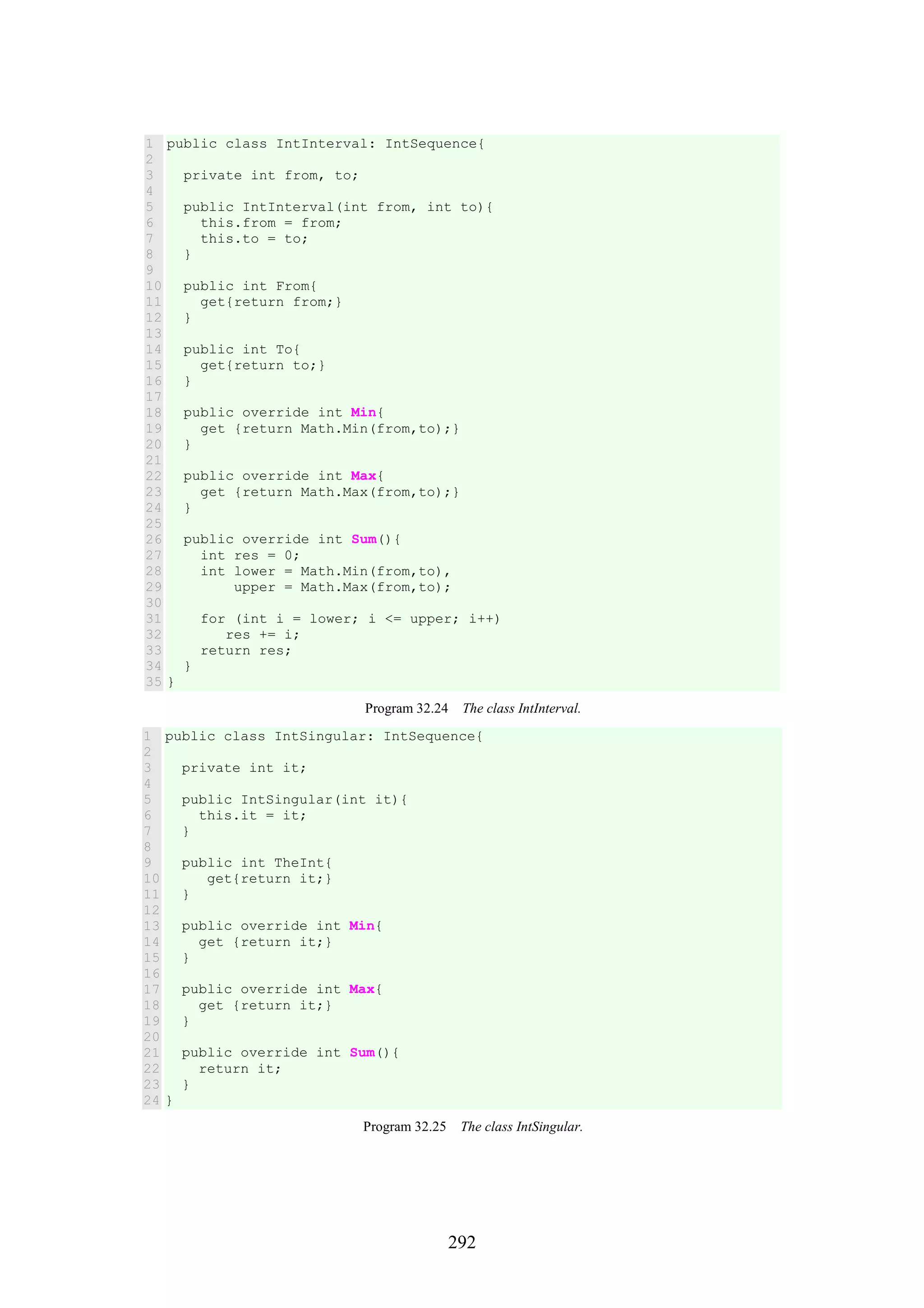 292 1 2 3 4 5 6 7 8 9 10 11 12 13 14 15 16 17 18 19 20 21 22 23 24 25 26 27 28 29 30 31 32 33 34 35 public class IntInterval: IntSequence{ private int from, to; public IntInterval(int from, int to){ this.from = from; this.to = to; } public int From{ get{return from;} } public int To{ get{return to;} } public override int Min{ get {return Math.Min(from,to);} } public override int Max{ get {return Math.Max(from,to);} } public override int Sum(){ int res = 0; int lower = Math.Min(from,to), upper = Math.Max(from,to); for (int i = lower; i <= upper; i++) res += i; return res; } } Program 32.24 The class IntInterval. 1 2 3 4 5 6 7 8 9 10 11 12 13 14 15 16 17 18 19 20 21 22 23 24 public class IntSingular: IntSequence{ private int it; public IntSingular(int it){ this.it = it; } public int TheInt{ get{return it;} } public override int Min{ get {return it;} } public override int Max{ get {return it;} } public override int Sum(){ return it; } } Program 32.25 The class IntSingular. 