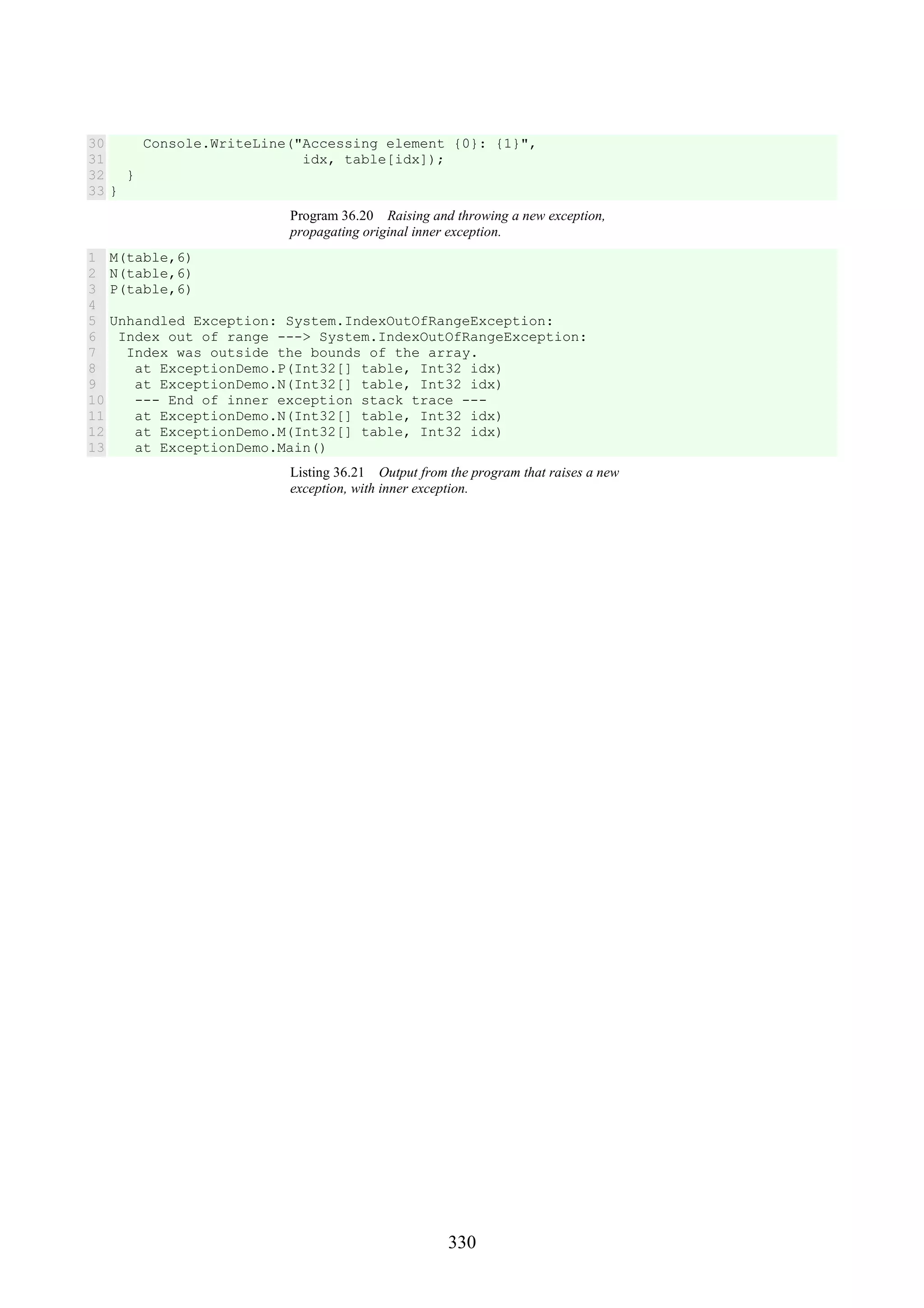 330 30 31 32 33 Console.WriteLine("Accessing element {0}: {1}", idx, table[idx]); } } Program 36.20 Raising and throwing a new exception, propagating original inner exception. 1 2 3 4 5 6 7 8 9 10 11 12 13 M(table,6) N(table,6) P(table,6) Unhandled Exception: System.IndexOutOfRangeException: Index out of range ---> System.IndexOutOfRangeException: Index was outside the bounds of the array. at ExceptionDemo.P(Int32[] table, Int32 idx) at ExceptionDemo.N(Int32[] table, Int32 idx) --- End of inner exception stack trace --- at ExceptionDemo.N(Int32[] table, Int32 idx) at ExceptionDemo.M(Int32[] table, Int32 idx) at ExceptionDemo.Main() Listing 36.21 Output from the program that raises a new exception, with inner exception. 