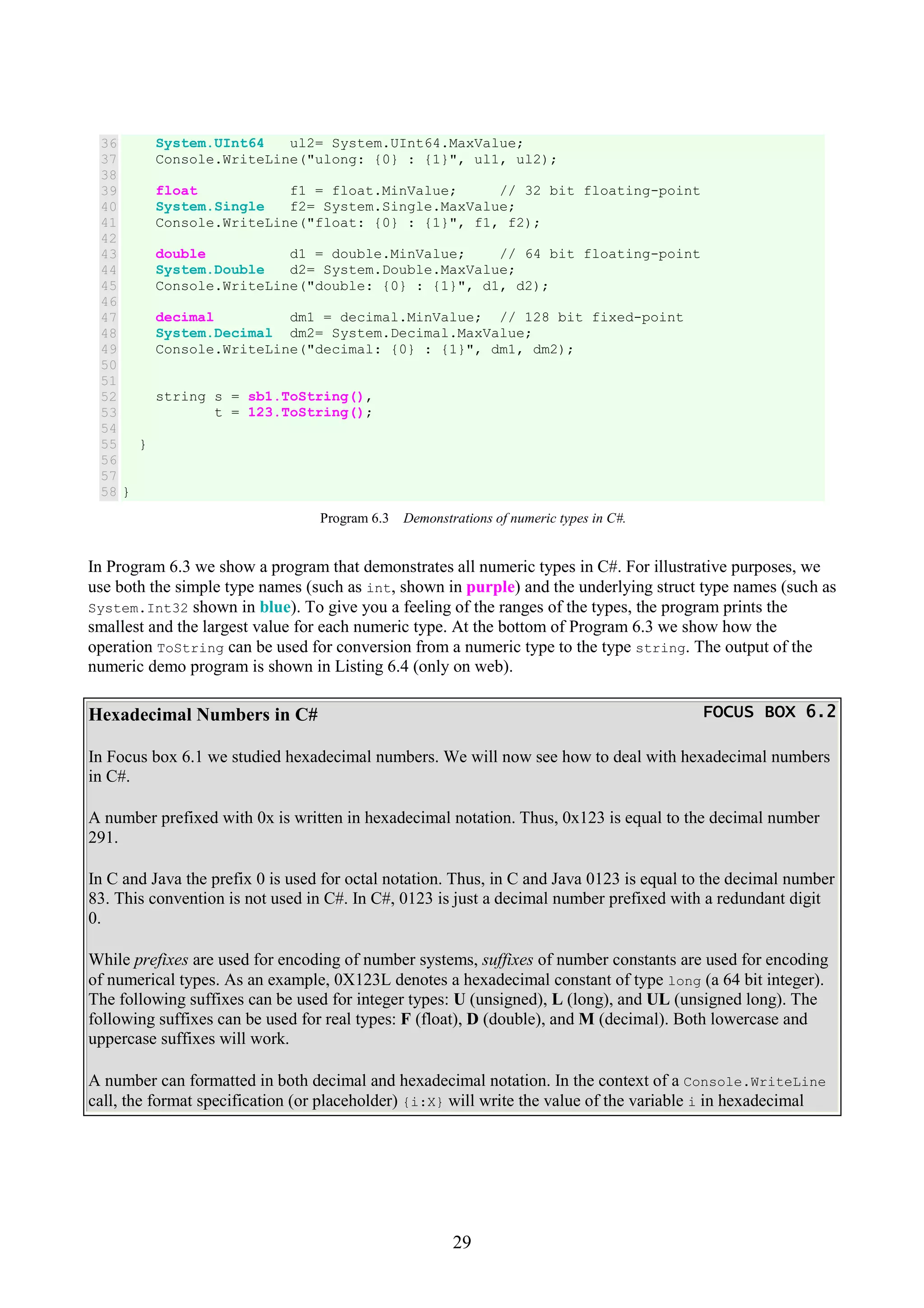 29 36 37 38 39 40 41 42 43 44 45 46 47 48 49 50 51 52 53 54 55 56 57 58 System.UInt64 ul2= System.UInt64.MaxValue; Console.WriteLine("ulong: {0} : {1}", ul1, ul2); float f1 = float.MinValue; // 32 bit floating-point System.Single f2= System.Single.MaxValue; Console.WriteLine("float: {0} : {1}", f1, f2); double d1 = double.MinValue; // 64 bit floating-point System.Double d2= System.Double.MaxValue; Console.WriteLine("double: {0} : {1}", d1, d2); decimal dm1 = decimal.MinValue; // 128 bit fixed-point System.Decimal dm2= System.Decimal.MaxValue; Console.WriteLine("decimal: {0} : {1}", dm1, dm2); string s = sb1.ToString(), t = 123.ToString(); } } Program 6.3 Demonstrations of numeric types in C#. In Program 6.3 we show a program that demonstrates all numeric types in C#. For illustrative purposes, we use both the simple type names (such as int, shown in purple) and the underlying struct type names (such as System.Int32 shown in blue). To give you a feeling of the ranges of the types, the program prints the smallest and the largest value for each numeric type. At the bottom of Program 6.3 we show how the operation ToString can be used for conversion from a numeric type to the type string. The output of the numeric demo program is shown in Listing 6.4 (only on web). Hexadecimal Numbers in C# FOCUS BOX 6.2FOCUS BOX 6.2FOCUS BOX 6.2FOCUS BOX 6.2 In Focus box 6.1 we studied hexadecimal numbers. We will now see how to deal with hexadecimal numbers in C#. A number prefixed with 0x is written in hexadecimal notation. Thus, 0x123 is equal to the decimal number 291. In C and Java the prefix 0 is used for octal notation. Thus, in C and Java 0123 is equal to the decimal number 83. This convention is not used in C#. In C#, 0123 is just a decimal number prefixed with a redundant digit 0. While prefixes are used for encoding of number systems, suffixes of number constants are used for encoding of numerical types. As an example, 0X123L denotes a hexadecimal constant of type long (a 64 bit integer). The following suffixes can be used for integer types: U (unsigned), L (long), and UL (unsigned long). The following suffixes can be used for real types: F (float), D (double), and M (decimal). Both lowercase and uppercase suffixes will work. A number can formatted in both decimal and hexadecimal notation. In the context of a Console.WriteLine call, the format specification (or placeholder) {i:X} will write the value of the variable i in hexadecimal 