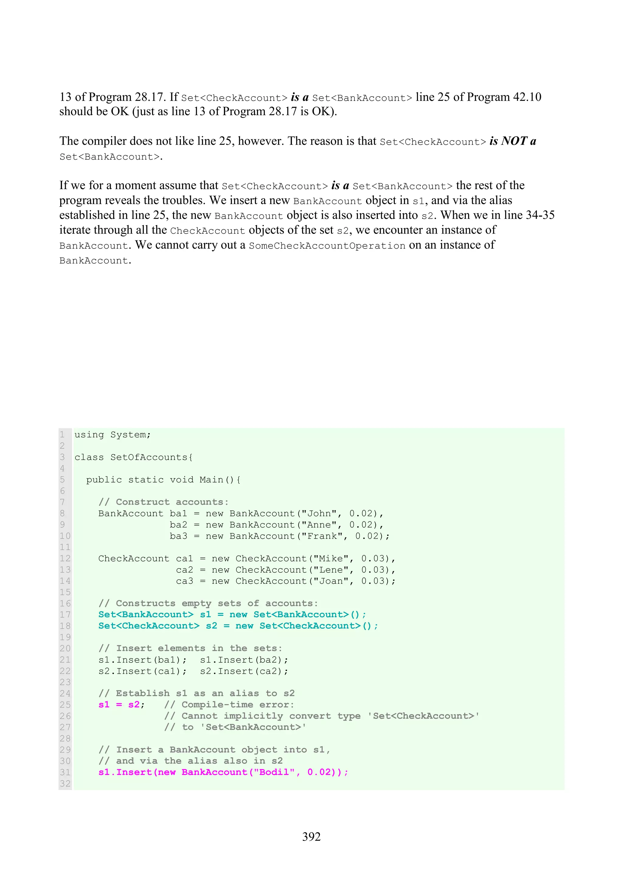 392 13 of Program 28.17. If Set<CheckAccount> is a Set<BankAccount> line 25 of Program 42.10 should be OK (just as line 13 of Program 28.17 is OK). The compiler does not like line 25, however. The reason is that Set<CheckAccount> is NOT a Set<BankAccount>. If we for a moment assume that Set<CheckAccount> is a Set<BankAccount> the rest of the program reveals the troubles. We insert a new BankAccount object in s1, and via the alias established in line 25, the new BankAccount object is also inserted into s2. When we in line 34-35 iterate through all the CheckAccount objects of the set s2, we encounter an instance of BankAccount. We cannot carry out a SomeCheckAccountOperation on an instance of BankAccount. 1 2 3 4 5 6 7 8 9 10 11 12 13 14 15 16 17 18 19 20 21 22 23 24 25 26 27 28 29 30 31 32 using System; class SetOfAccounts{ public static void Main(){ // Construct accounts: BankAccount ba1 = new BankAccount("John", 0.02), ba2 = new BankAccount("Anne", 0.02), ba3 = new BankAccount("Frank", 0.02); CheckAccount ca1 = new CheckAccount("Mike", 0.03), ca2 = new CheckAccount("Lene", 0.03), ca3 = new CheckAccount("Joan", 0.03); // Constructs empty sets of accounts: Set<BankAccount> s1 = new Set<BankAccount>(); Set<CheckAccount> s2 = new Set<CheckAccount>(); // Insert elements in the sets: s1.Insert(ba1); s1.Insert(ba2); s2.Insert(ca1); s2.Insert(ca2); // Establish s1 as an alias to s2 s1 = s2; // Compile-time error: // Cannot implicitly convert type 'Set<CheckAccount>' // to 'Set<BankAccount>' // Insert a BankAccount object into s1, // and via the alias also in s2 s1.Insert(new BankAccount("Bodil", 0.02)); 