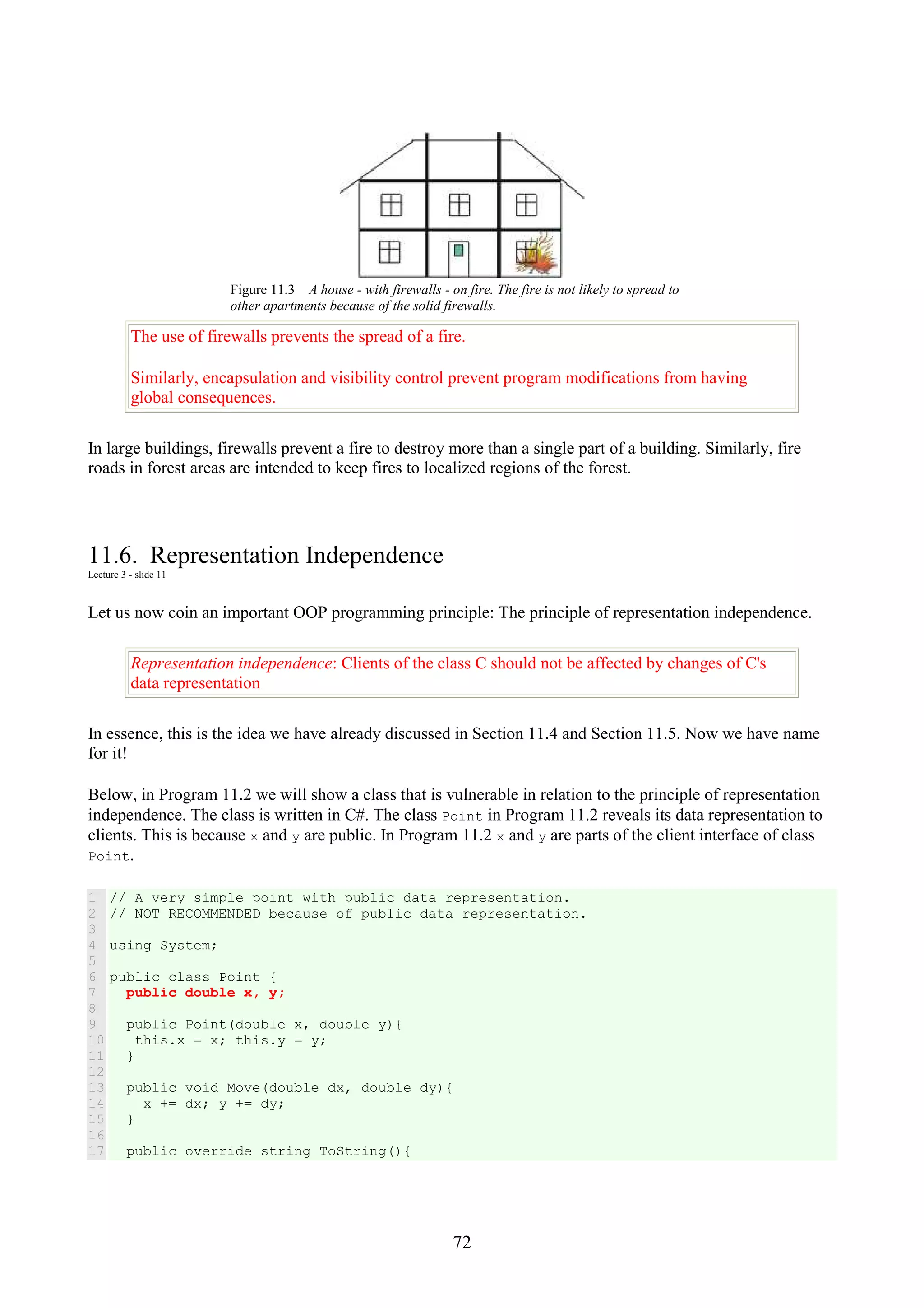 72 Figure 11.3 A house - with firewalls - on fire. The fire is not likely to spread to other apartments because of the solid firewalls. The use of firewalls prevents the spread of a fire. Similarly, encapsulation and visibility control prevent program modifications from having global consequences. In large buildings, firewalls prevent a fire to destroy more than a single part of a building. Similarly, fire roads in forest areas are intended to keep fires to localized regions of the forest. 11.6. Representation Independence Lecture 3 - slide 11 Let us now coin an important OOP programming principle: The principle of representation independence. Representation independence: Clients of the class C should not be affected by changes of C's data representation In essence, this is the idea we have already discussed in Section 11.4 and Section 11.5. Now we have name for it! Below, in Program 11.2 we will show a class that is vulnerable in relation to the principle of representation independence. The class is written in C#. The class Point in Program 11.2 reveals its data representation to clients. This is because x and y are public. In Program 11.2 x and y are parts of the client interface of class Point. 1 2 3 4 5 6 7 8 9 10 11 12 13 14 15 16 17 // A very simple point with public data representation. // NOT RECOMMENDED because of public data representation. using System; public class Point { public double x, y; public Point(double x, double y){ this.x = x; this.y = y; } public void Move(double dx, double dy){ x += dx; y += dy; } public override string ToString(){ 