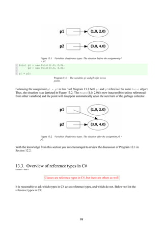 98
Figure 13.1 Variables of reference types. The situation before the assignment p1
= p2.
1
2
3
4
Point p1 = new Point(1.0, 2.0),
p2 = new Point(3.0, 4.0);
p1 = p2;
Program 13.1 The variables p1 and p2 refer to two
points.
Following the assignment p1 = p2 in line 3 of Program 13.1 both p1 and p2 reference the same Point object.
Thus, the situation is as depicted in Figure 13.2. The Point (1.0, 2.0) is now inaccessible (unless referenced
from other variables) and the point will disappear automatically upon the next turn of the garbage collector.
Figure 13.2 Variables of reference types. The situation after the assignment p1 =
p2.
With the knowledge from this section you are encouraged to review the discussion of Program 12.1 in
Section 12.2.
13.3. Overview of reference types in C#
Lecture 4 - slide 4
Classes are reference types in C#, but there are others as well
It is reasonable to ask which types in C# act as reference types, and which do not. Below we list the
reference types in C#:
 