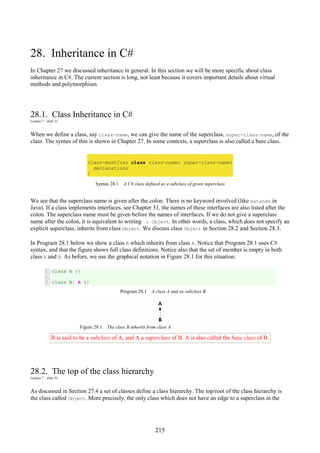 215
28. Inheritance in C#
In Chapter 27 we discussed inheritance in general. In this section we will be more specific about class
inheritance in C#. The current section is long, not least because it covers important details about virtual
methods and polymorphism.
28.1. Class Inheritance in C#
Lecture 7 - slide 21
When we define a class, say class-name, we can give the name of the superclass, super-class-name, of the
class. The syntax of this is shown in Chapter 27. In some contexts, a superclass is also called a base class.
class-modifier class class-name: super-class-name{
declarations
}
Syntax 28.1 A C# class defined as a subclass of given superclass
We see that the superclass name is given after the colon. There is no keyword involved (like extends in
Java). If a class implements interfaces, see Chapter 31, the names of these interfaces are also listed after the
colon. The superclass name must be given before the names of interfaces. If we do not give a superclass
name after the colon, it is equivalent to writing : Object. In other words, a class, which does not specify an
explicit superclass, inherits from class Object. We discuss class Object in Section 28.2 and Section 28.3.
In Program 28.1 below we show a class B which inherits from class A. Notice that Program 28.1 uses C#
syntax, and that the figure shows full class definitions. Notice also that the set of member is empty in both
class A and B. As before, we use the graphical notation in Figure 28.1 for this situation.
1
2
3
class A {}
class B: A {}
Program 28.1 A class A and its subclass B.
Figure 28.1 The class B inherits from class A
B is said to be a subclass of A, and A a superclass of B. A is also called the base class of B.
28.2. The top of the class hierarchy
Lecture 7 - slide 22
As discussed in Section 27.4 a set of classes define a class hierarchy. The top/root of the class hierarchy is
the class called Object. More precisely, the only class which does not have an edge to a superclass in the
 