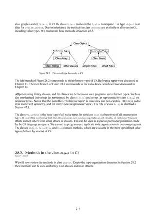 216
class graph is called Object. In C# the class Object resides in the System namespace. The type object is an
alias for System.Object. Due to inheritance the methods in class Objects are available in all types in C#,
including value types. We enumerate these methods in Section 28.3.
Figure 28.2 The overall type hierarchy in C#
The left branch of Figure 28.2 corresponds to the reference types of C#. Reference types were discussed in
Chapter 13. The right branch of Figure 28.2 corresponds to the value types, which we have discussed in
Chapter 14.
All pre-existing library classes, and the classes we define in our own programs, are reference types. We have
also emphasized that strings (as represented by class String) and arrays (as represented by class Array) are
reference types. Notice that the dotted box "Reference types" is imaginary and non-existing. (We have added
it for matters of symmetry, and for improved conceptual overview). The role of class Array is clarified in
Section 47.1.
The class ValueType is the base type of all value types. Its subclass Enum is a base type of all enumeration
types. It is a little confusing that these two classes are used as superclasses of structs, in particular because
structs cannot inherit from other structs or classes. This can be seen as a special-purpose organization, made
by the C# language designers. We cannot, as programmers, replicate such organizations in our own programs.
The classes Object, ValueType and Enum contain methods, which are available in the more specialized value
types (defined by structs) of C#.
28.3. Methods in the class Object in C#
Lecture 7 - slide 23
We will now review the methods in class Object. Due to the type organization discussed in Section 28.2
these methods can be used uniformly in all classes and in all structs.
 