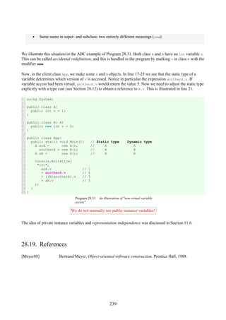 239
• Same name in super- and subclass: two entirely different meanings (new)
We illustrate this situation in the ABC example of Program 28.31. Both class A and B have an int variable v.
This can be called accidental redefinition, and this is handled in the program by marking v in class B with the
modifier new.
Now, in the client class App, we make some A and B objects. In line 17-23 we see that the static type of a
variable determines which version of v is accessed. Notice in particular the expression anotherA.v. If
variable access had been virtual, anotherA.v would return the value 5. Now we need to adjust the static type
explicitly with a type cast (see Section 28.12) to obtain a reference to B.v. This is illustrated in line 21.
1
2
3
4
5
6
7
8
9
10
11
12
13
14
15
16
17
18
19
20
21
22
23
24
25
using System;
public class A{
public int v = 1;
}
public class B: A{
public new int v = 5;
}
public class App{
public static void Main(){ // Static type Dynamic type
A anA = new A(), // A A
anotherA = new B(); // A B
B aB = new B(); // B B
Console.WriteLine(
"{0}",
anA.v // 1
+ anotherA.v // 1
+ ((B)anotherA).v // 5
+ aB.v // 5
);
}
}
Program 28.31 An illustration of "non-virtual variable
access".
We do not normally use public instance variables!
The idea of private instance variables and representation independence was discussed in Section 11.6.
28.19. References
[Meyer88] Bertrand Meyer, Object-oriented software construction. Prentice Hall, 1988.
 