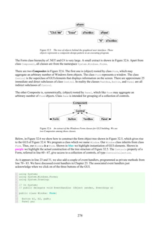278
Figure 32.5 The tree of objects behind the graphical user interface. These
objects represents a composite design pattern in an executing program.
The Form class hierarchy of .NET and C# is very large. A small extract is shown in Figure 32.6. Apart from
class Component, all classes are from the namespace System.Windows.Forms.
There are two Composites in Figure 32.6. The first one is (object) rooted by class Form, which may
aggregate an arbitrary number of Windows form objects. The class Form represents a window. The class
Control is the superclass of GUI elements that displays information on the screen. There are approximate 25
immediate and direct subclasses of class Control. In reality the classes TextBox, Button, and Panel are all
indirect subclasses of Control.
The other Composite is, symmetrically, (object) rooted by Panel, which like Form may aggregate an
arbitrary number of Form objects. Class Pane is intended for grouping of a collection of controls.
Figure 32.6 An extract of the Windows Form classes for GUI building. We see
two Composites among these classes.
Below, in Figure 32.6 we show how to construct the form object tree shown in Figure 32.5, which gives rise
to the GUI of Figure 32.4. We program a class which we name Window. Our Window class inherits from class
Form. Thus, our Window is a Form. Shown in blue we highlight instantiation of GUI elements. Shown in
purple we highlight the actual construction of the tree structure of Figure 32.5. The Controls property of a
Form, referred in line 60 - 67, give access to a collection of controls, of type ControlCollection.
As it appears in line 23 and 31, we also add a couple of event handlers, programmed as private methods from
line 70 - 83. We have discussed event handlers in Chapter 23. The associated event handlers just
acknowledge when we click on of the three buttons of the GUI.
1
2
3
4
5
6
7
8
9
10
11
using System;
using System.Windows.Forms;
using System.Drawing;
// In System:
// public delegate void EventHandler (Object sender, EventArgs e)
public class Window: Form{
Button b1, b2, paBt;
Panel pa;
 
