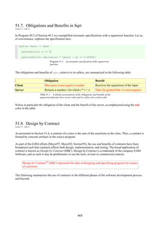 468
51.7. Obligations and Benefits in Sqrt
Lecture 13 - slide 16
In Program 49.2 of Section 49.3 we exemplified axiomatic specifications with a squareroot function. Let us,
of convenience, rephrase the specification here.
1
2
3
4
5
sqrt(x: Real) -> Real
precondition: x >= 0;
postcondition: abs(result * result - x) <= 0.000001
Program 51.3 An axiomatic specification of the squareroot
function.
The obligations and benefits of sqrt, relative to its callers, are summarized in the following table:
- Obligation Benefit
Client Must pass a non-negative number Receives the squareroot of the input
Server Returns a number r for which r * r = x Take for granted that x is non-negative
Table 51.1 A tabular presentation of the obligations and benefits of the
squareroot function (in a server role) and its callers (in a client role).
Notice in particular the obligation of the client and the benefit of the server, as emphasized using the red
color in the table.
51.8. Design by Contract
Lecture 13 - slide 27
As presented in Section 51.4, a contract of a class is the sum of the assertions in the class. Thus, a contract is
formed by concrete artifacts in the source program.
As part of the Eiffel efforts [Meyer97, Meyer92, Switzer93], the use and benefits of contracts have been
broadened such that contracts affects both design, implementation, and testing. The broad application of
contract is known as Design by Contract (DBC). Design by Contract is a trademark of the company Eiffel
Software, and as such it may be problematic to use the term, at least in commercial contexts.
Design by ContractTM
(DBC) represents the idea of designing and specifying programs by means
of assertions
The following summarizes the use of contracts in the different phases of the software development process,
and beyond.
 