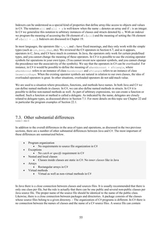 55
Indexers can be understood as a special kind of properties that define array-like access to objects and values
in C#. The notation a[i] and a[i] = x is well-know when the name a denotes an array and if i is an integer.
In C# we generalize this notation to arbitrary instances of classes and structs denoted by a. With an indexer
we program the meaning of accessing the i'th element of a (a[i]) and the meaning of setting the i'th element
of a (a[i] = ...). Indexers are discussed in Chapter 19.
In most languages, the operators like +, -, <, and & have fixed meanings, and they only work with the simple
types (such as int, bool, char, etc). We reviewed the C# operators in Section 6.7, and as it appears,
operators in C, Java, and C# have much in common. In Java, the operators only work for certain predefined
types, and you cannot change the meaning of these operators. In C# it is possible to use the existing operator
symbols for operations in your own types. (You cannot invent new operator symbols, and you cannot change
the precedence nor the associativity of the symbols). We say that the operators in C# can be overloaded. For
instance, in C# it would be possible to define the meaning of aBankAccount + aTriangle, where
aBankAccout refers to an instance of class BankAccount and aTriangle refers to an instance of class
GeometricShape. When the existing operator symbols are natural in relation to our own classes, the idea of
overloaded operators is great. In other situations, overloaded operators do not add much value.
We are used to a situation where procedures, functions, and methods have names. In both Java and C# we
can define named methods in classes. In C#, we can also define named methods in structs. In C# it is
possible to define non-named methods as well. As part of arbitrary expressions, we can create a function or
method. Such a function or method is called a delegate. As indicated by the name, delegates are closely
related to delegate types, as discussed above in Section 7.1. For more details on this topic see Chapter 22 and
in particular the program examples of Section 22.1.
7.3. Other substantial differences
Lecture 2 - slide 22
In addition to the overall differences in the area of types and operations, as discussed in the two previous
sections, there are a number of other substantial differences between Java and C#. The most important of
these differences are summarized below.
• Program organization
• No requirements to source file organization in C#
• Exceptions
• No catch or specify requirement in C#
• Nested and local classes
• Classes inside classes are static in C#: No inner classes like in Java
• Arrays
• Rectangular arrays in C#
• Virtual methods
• Virtual as well as non-virtual methods in C#
In Java there is a close connection between classes and sources files. It is usually recommended that there is
only one class per file, but the rule is actually that there can be one public and several non-public classes per
Java source file. The proper name of the source file should be identical to the name of the public class.
Likewise, there is a close connection between packages and directories. A package consists of the classes
whose source files belong to a given directory. - The organization of C# programs is different. In C# there is
no connection between the names of classes and the name of a C# source files. A source file can contain
 